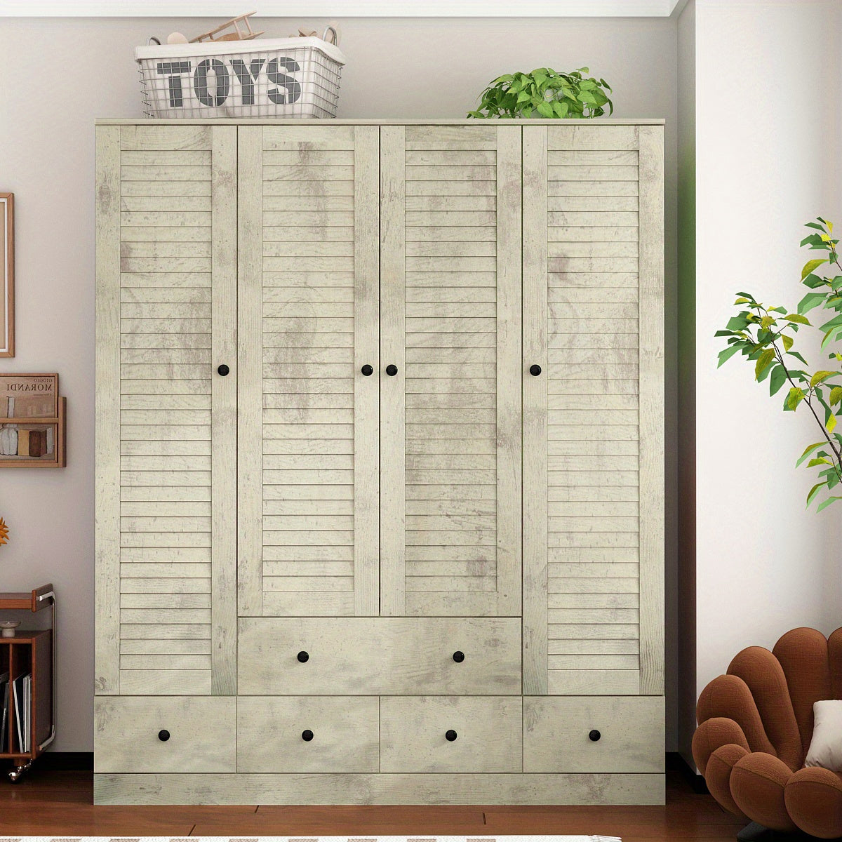 Large Wardrobe Armoire with Multi-Tier Shelves, 5 Drawers, Hanging Rod, and 4 Louver Doors, Wooden Closet Storage Cabinet for Bedroom