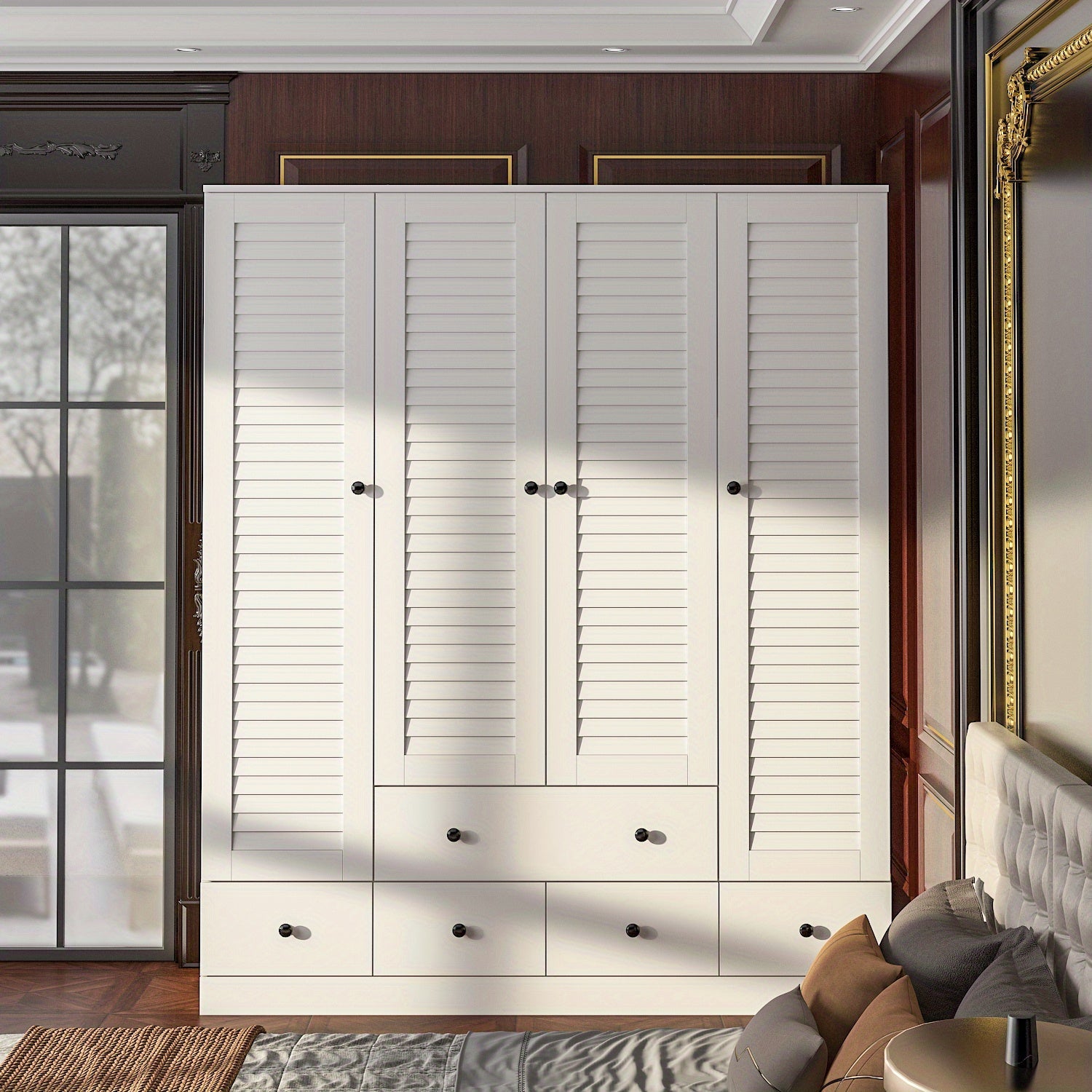 Large Wardrobe Armoire with Multi-Tier Shelves, 5 Drawers, Hanging Rod, and 4 Louver Doors, Wooden Closet Storage Cabinet for Bedroom