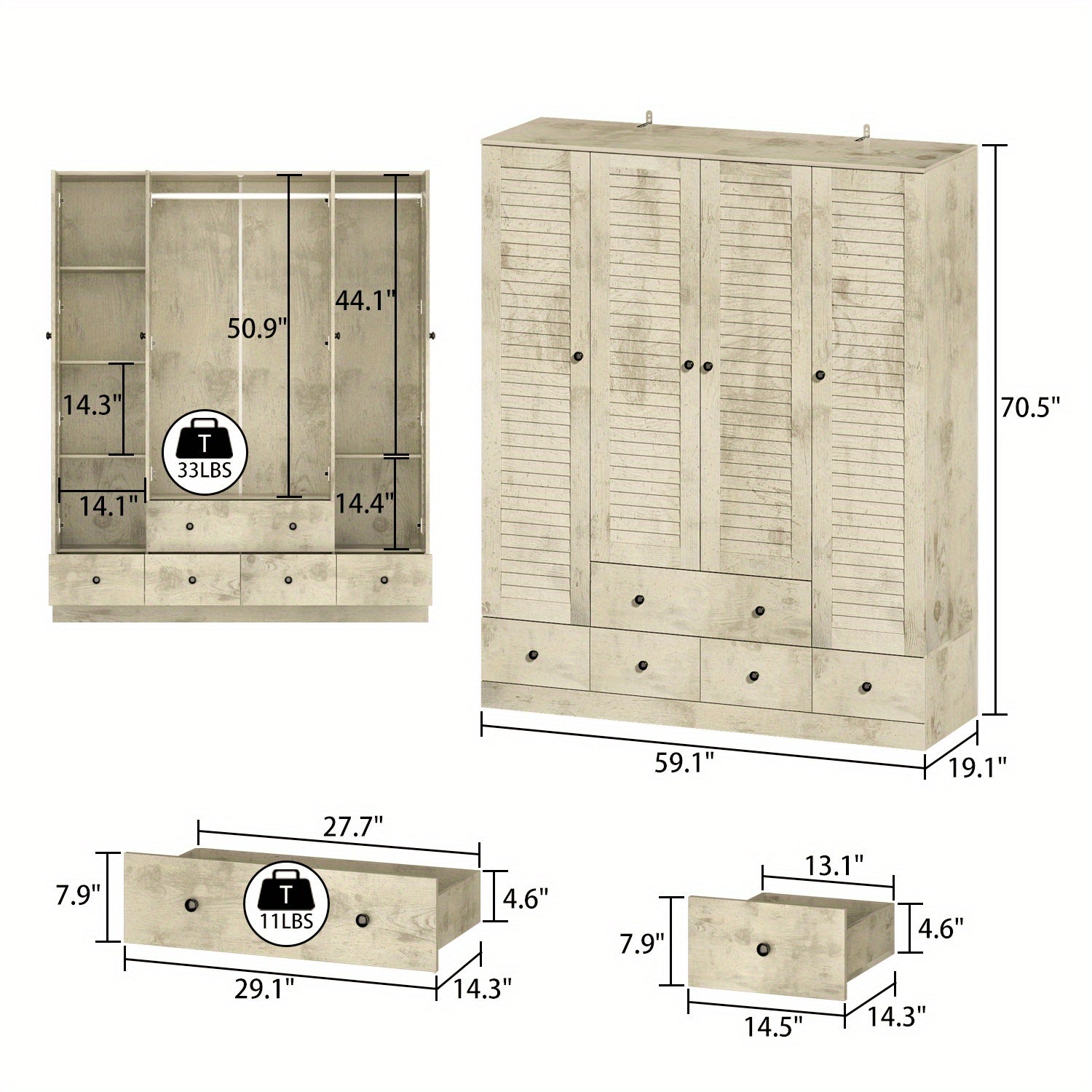 Large Wardrobe Armoire with Multi-Tier Shelves, 5 Drawers, Hanging Rod, and 4 Louver Doors, Wooden Closet Storage Cabinet for Bedroom