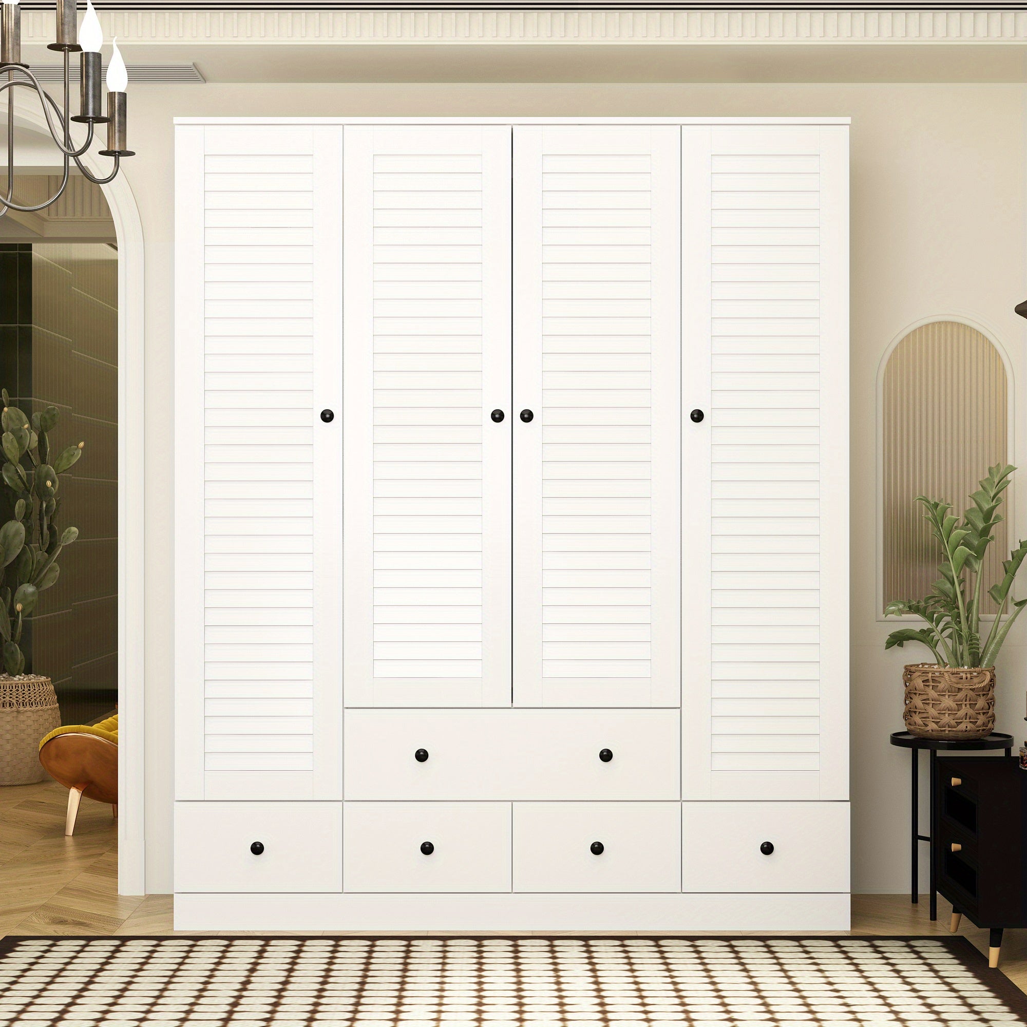 Large Wardrobe Armoire with Multi-Tier Shelves, 5 Drawers, Hanging Rod, and 4 Louver Doors, Wooden Closet Storage Cabinet for Bedroom