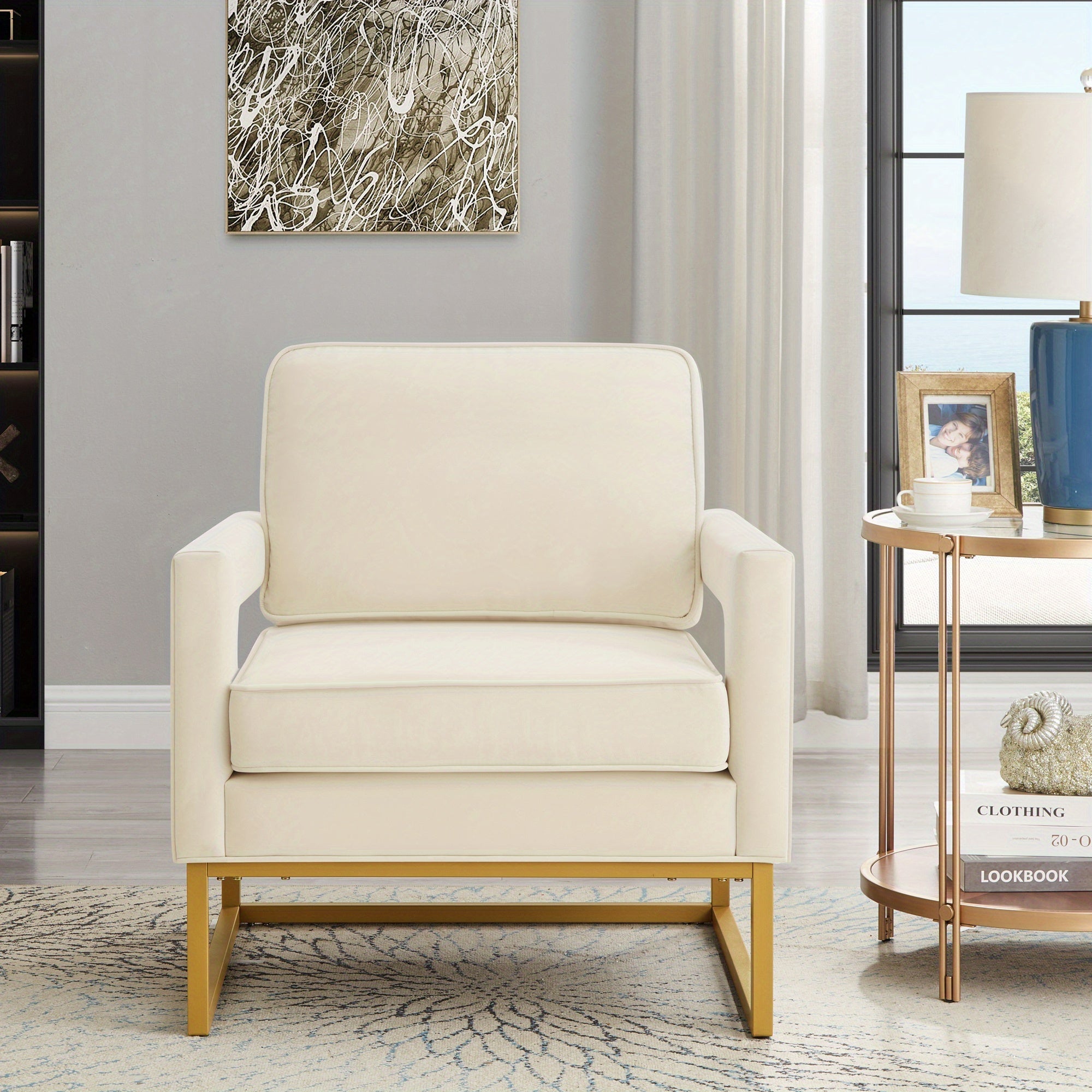 Modern Style Accent Chair with Golden Metal Base, Velvet Upholstered Leisure Chair with Open Armrest, Armchair, Cream