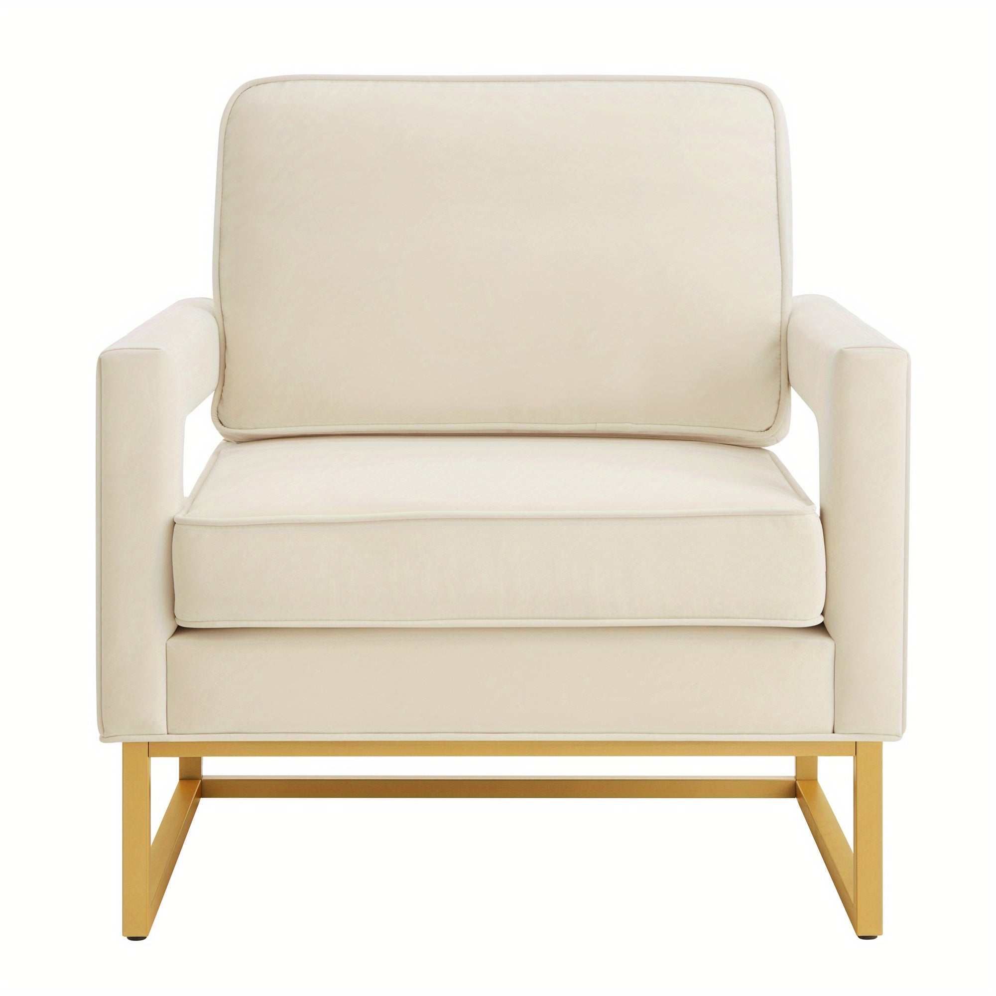 Modern Style Accent Chair with Golden Metal Base, Velvet Upholstered Leisure Chair with Open Armrest, Armchair, Cream