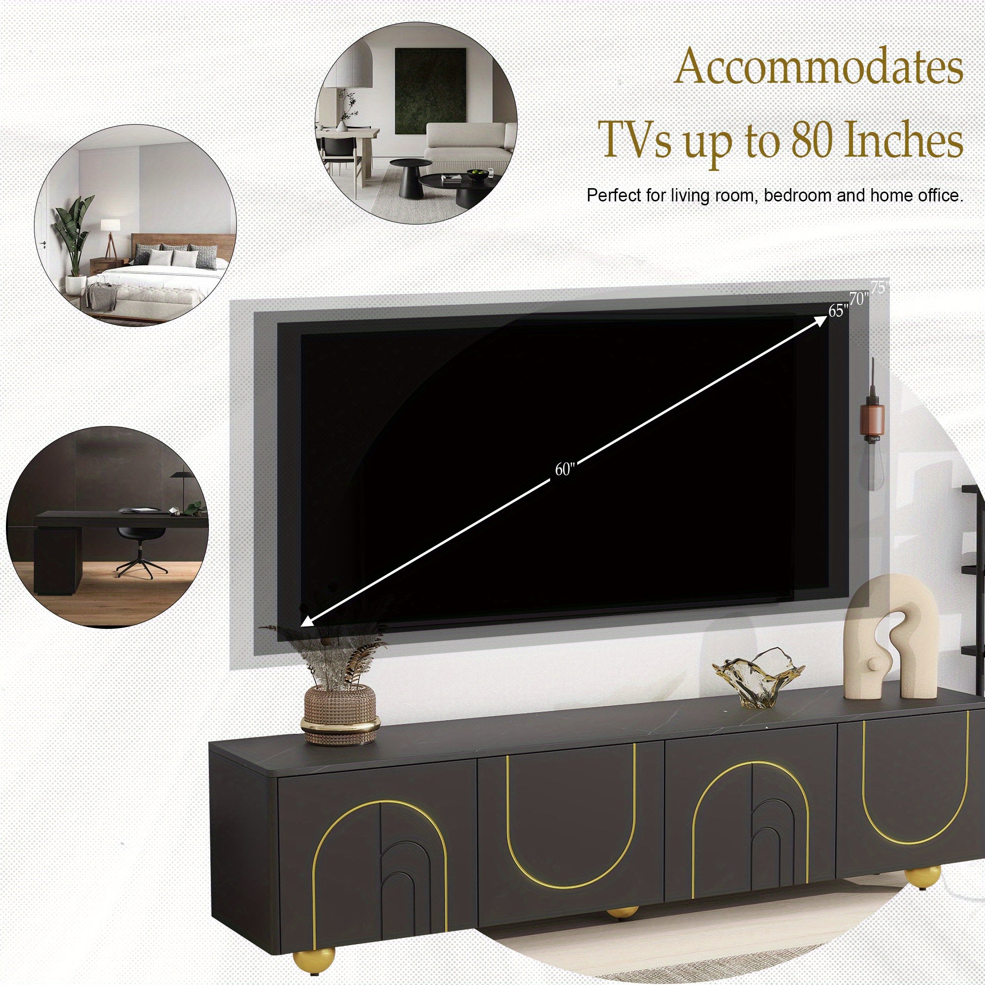 Modern living room TV cabinet media console with marble top and golden round metal legs