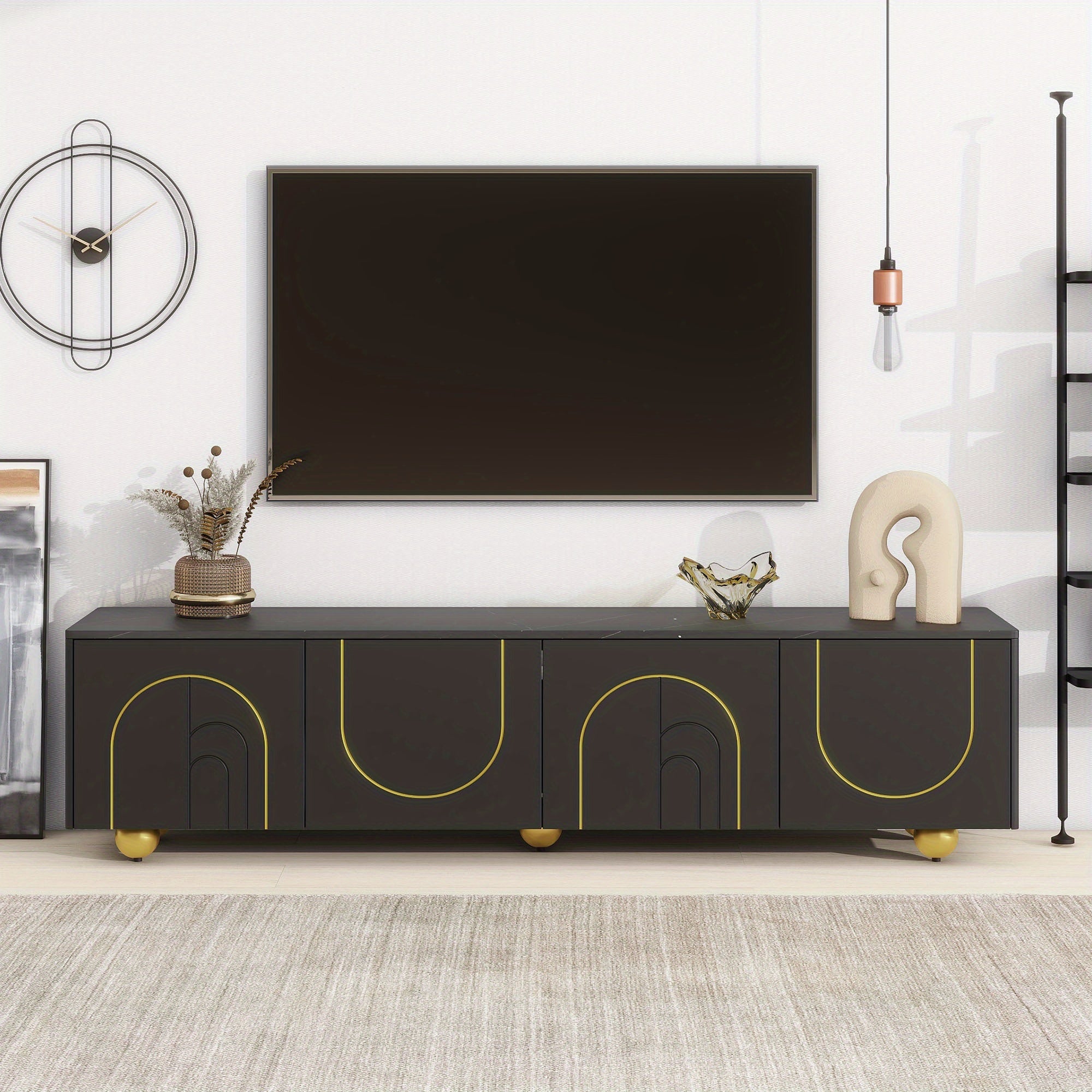 Modern living room TV cabinet media console with marble top and golden round metal legs