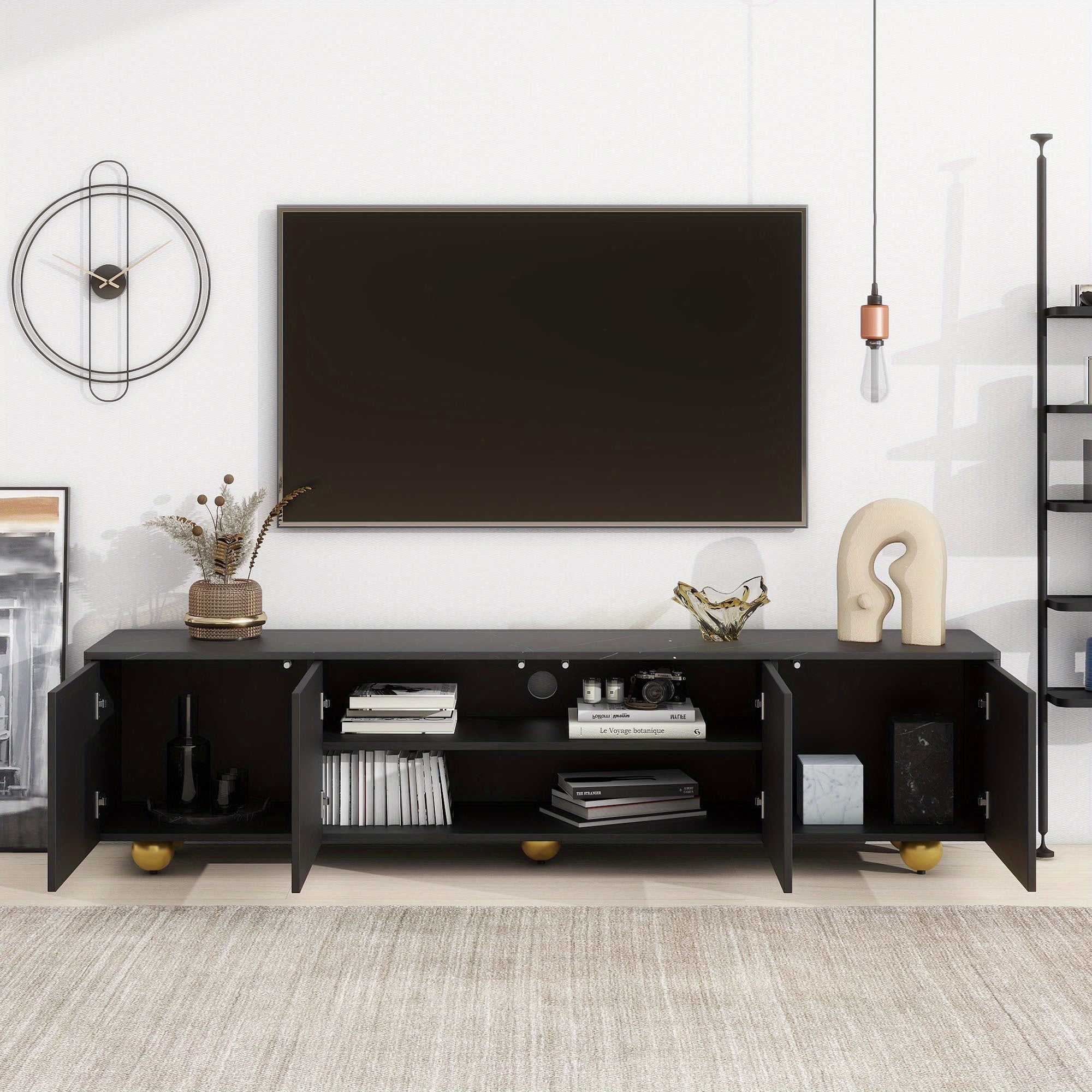 Modern living room TV cabinet media console with marble top and golden round metal legs