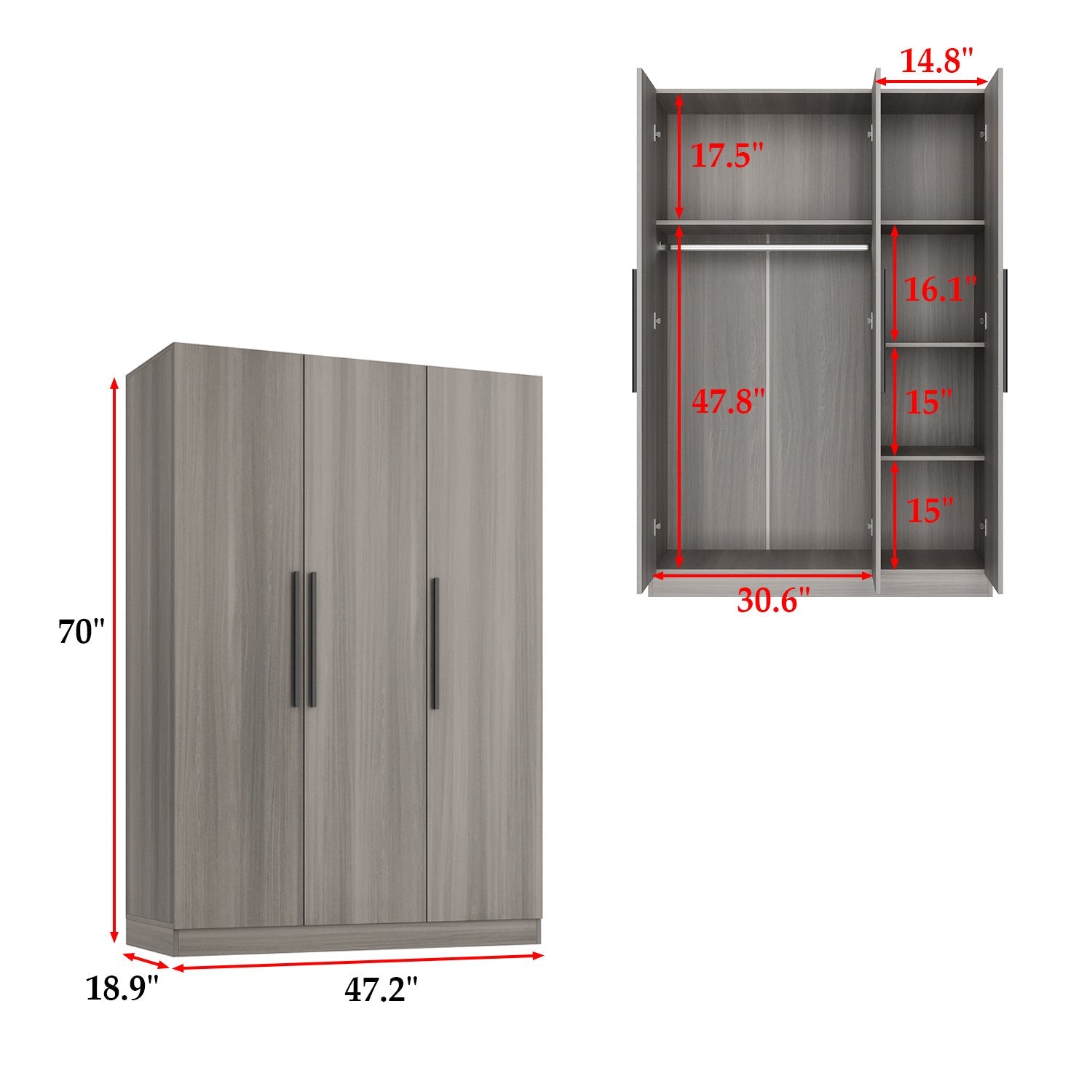 Solid Wood Handle Armoire Closet For Clothes Storage, Featuring 3 Doors, Storage Shelves & Hanging Rod, Large Storage Capacity, Grey Brown And White Styles