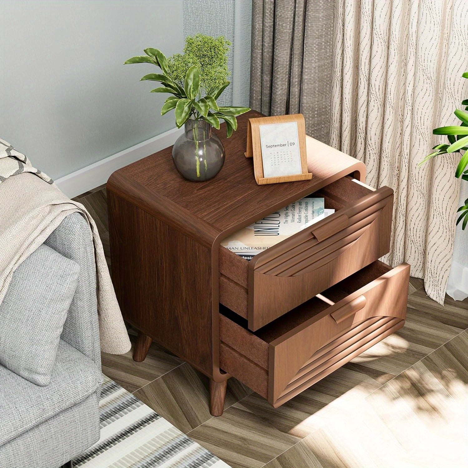 Mid-Century MDF Nightstand, Small End Table with Stripe Pattern, Brown Wood Bedside Table with 2 Drawers for Living Room Bedroom