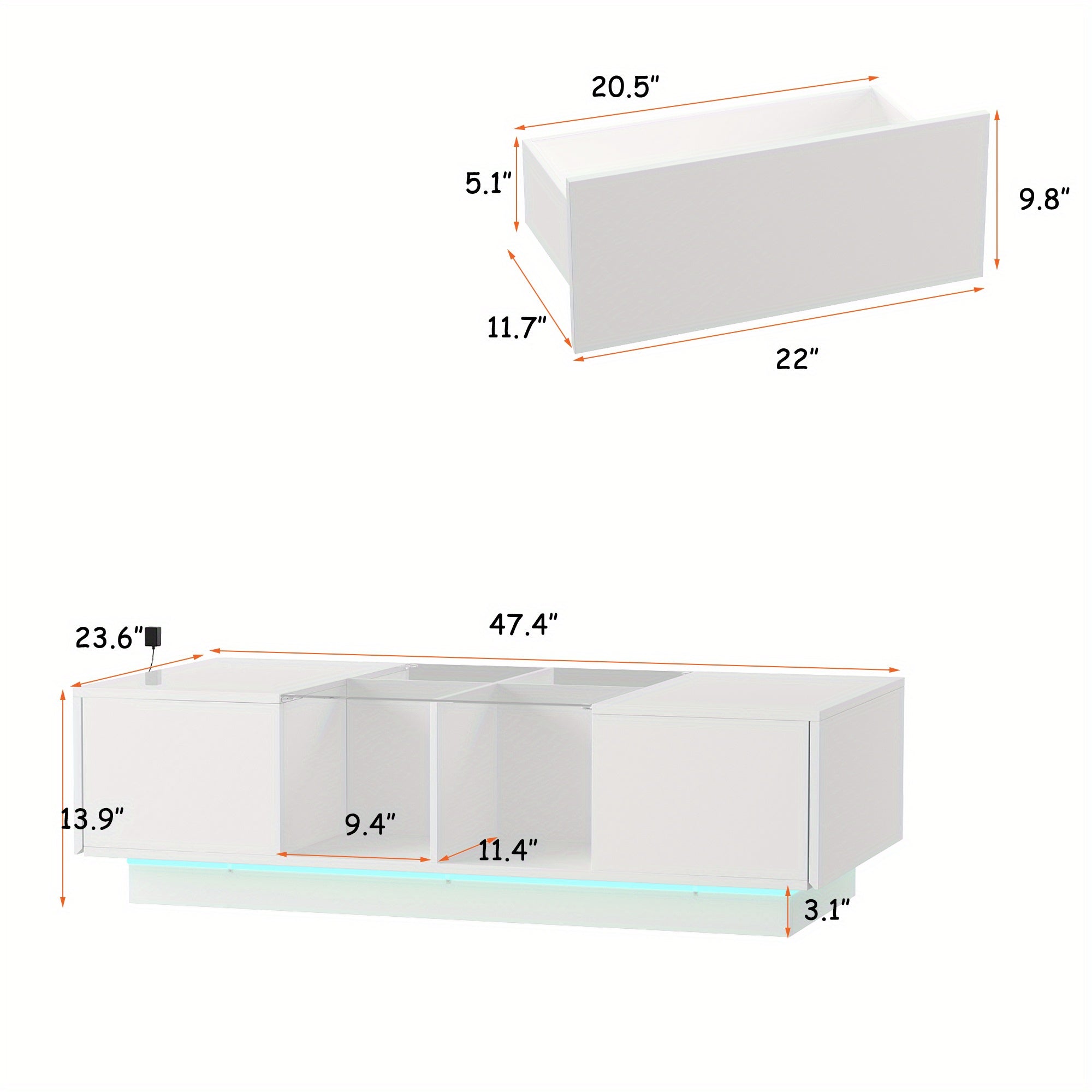 48 Inch Coffee Table with Storage, High Gloss Coffee Table with LED Lighting, Cocktail Table