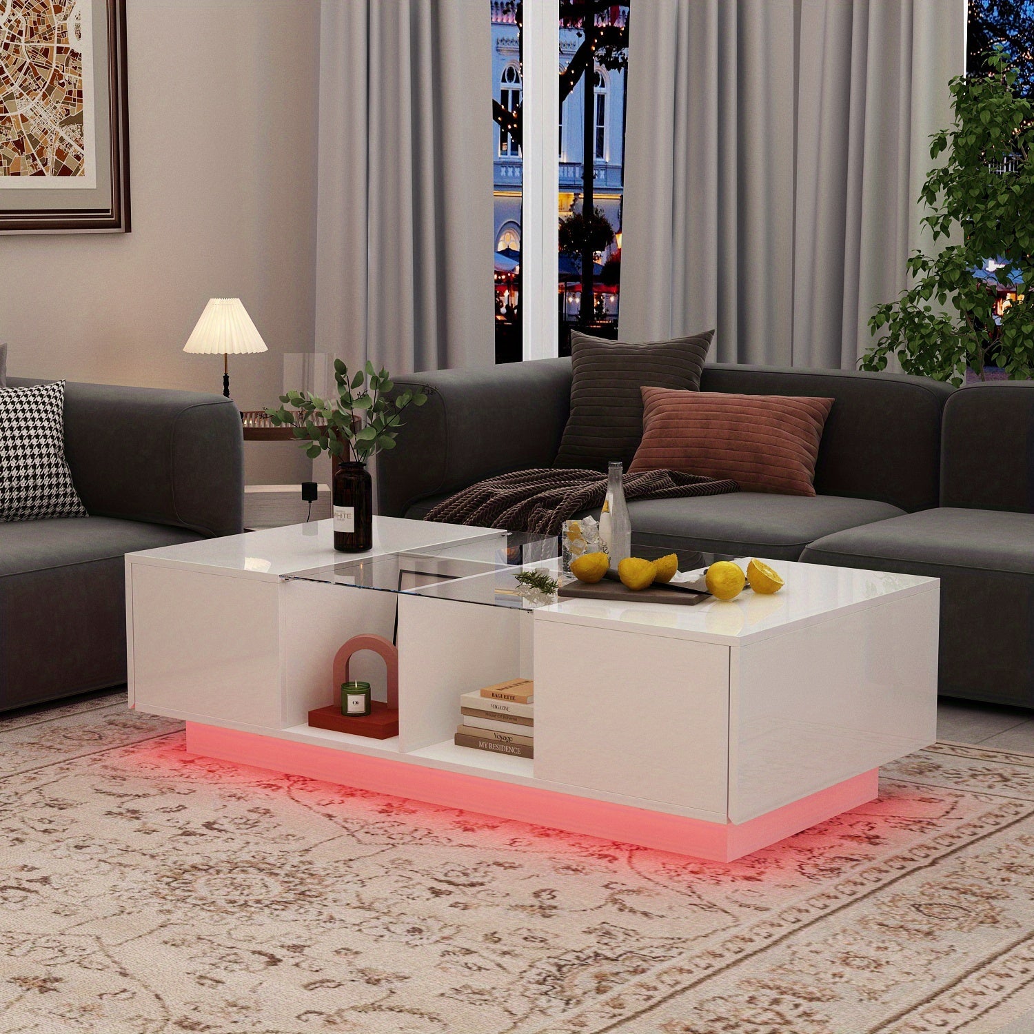 48 Inch Coffee Table with Storage, High Gloss Coffee Table with LED Lighting, Cocktail Table