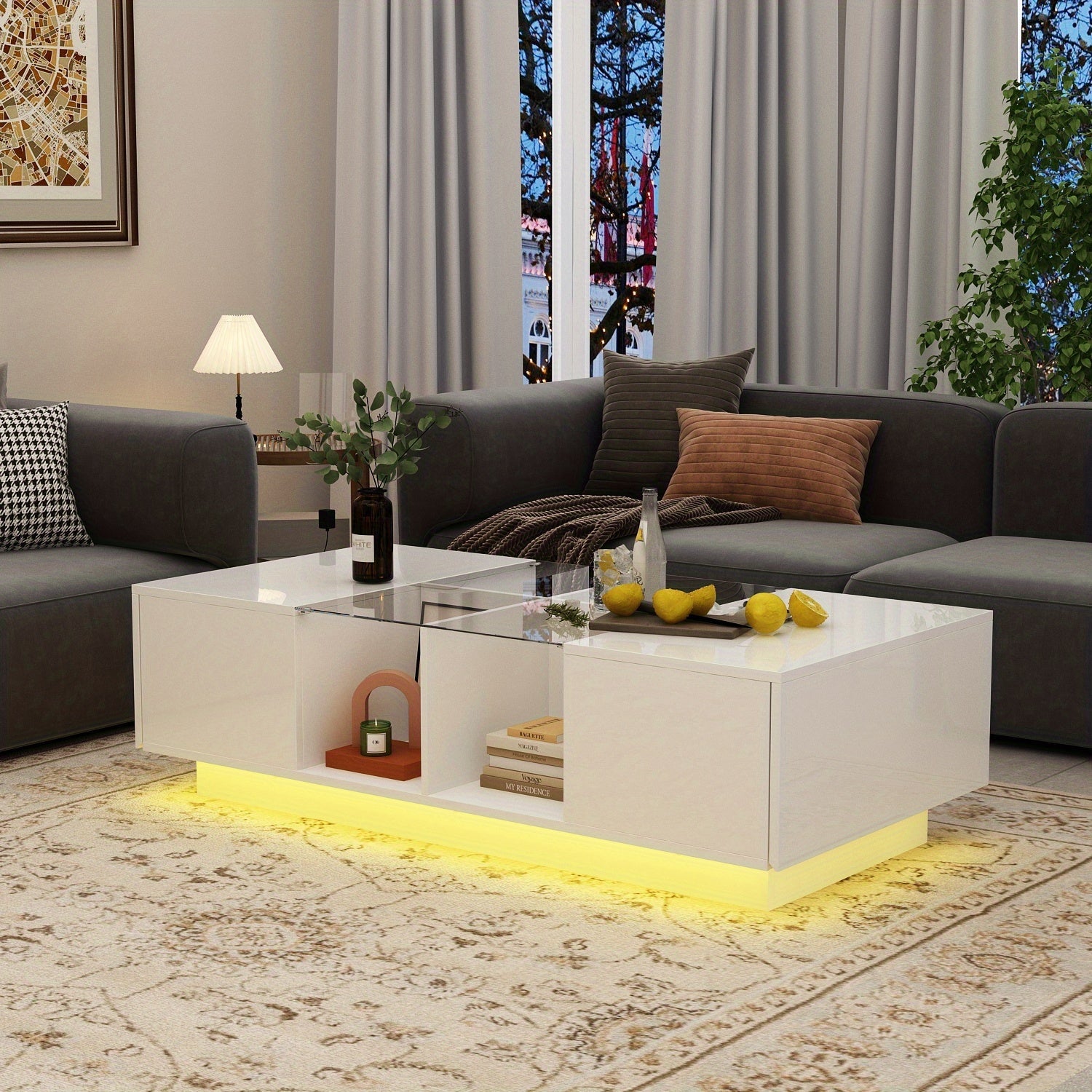 48 Inch Coffee Table with Storage, High Gloss Coffee Table with LED Lighting, Cocktail Table