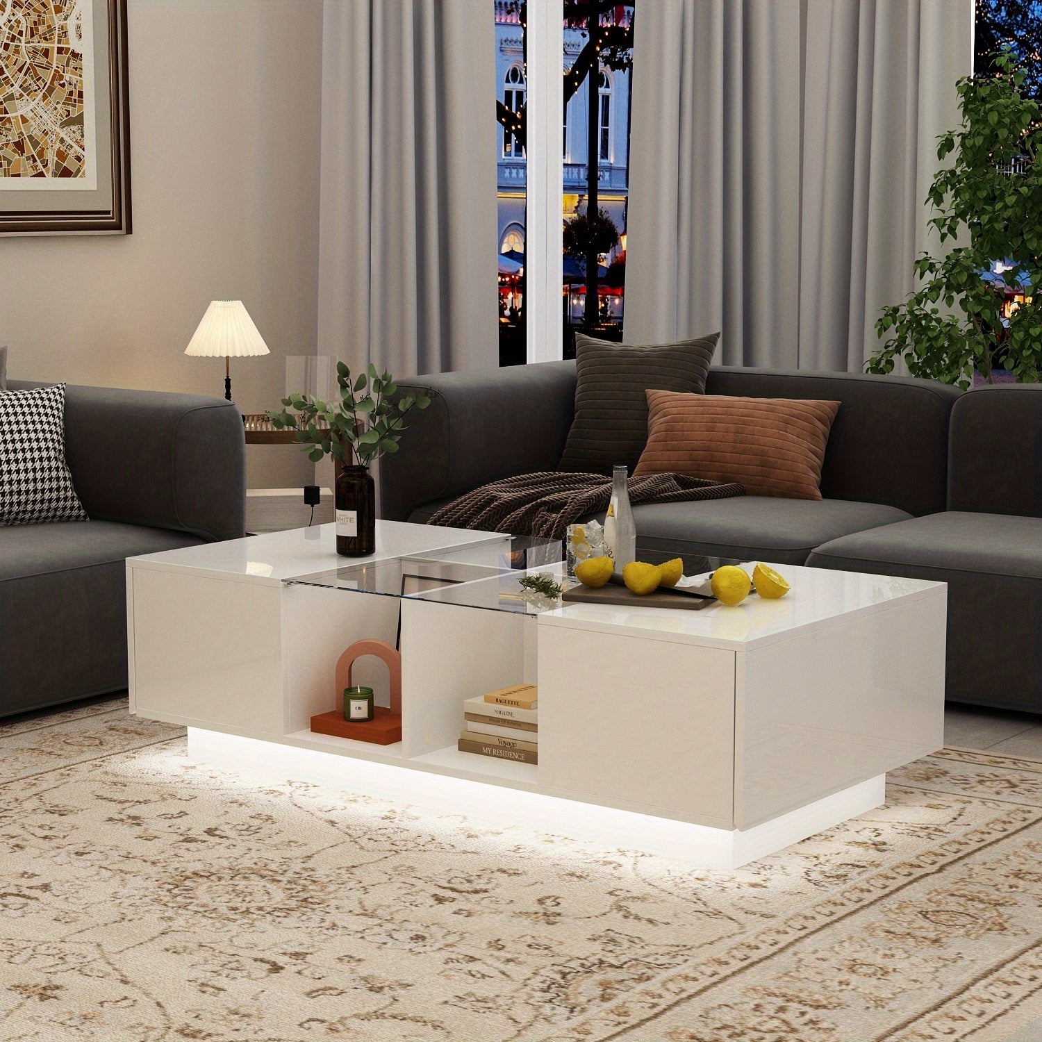 48 Inch Coffee Table with Storage, High Gloss Coffee Table with LED Lighting, Cocktail Table