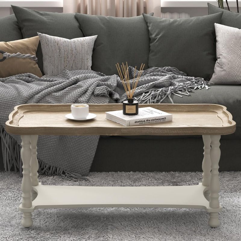 French Country Farmhouse Coffee Table, 101cm Farmhouse Rustic Unfinished Wood Tray Top Vintage Coffee Table for Living Room Dining Room Bedroom