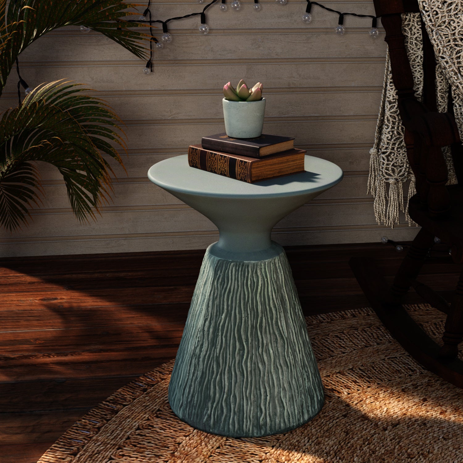 Outdoor Side Table for Patio, 15" Concret Side Table, White Small Side Table Plant Stand, Outdoor End Table Accent Table, Outdoor Console Table Ceramic Side Table