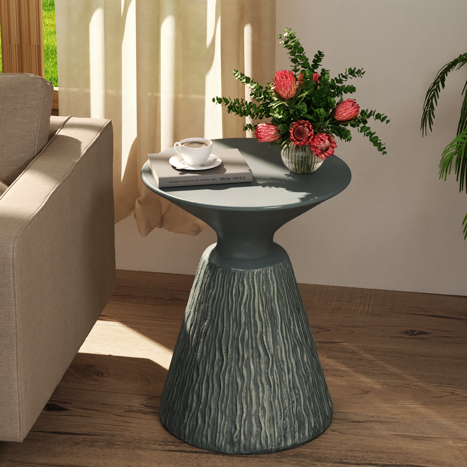 Outdoor Side Table for Patio, 15" Concret Side Table, White Small Side Table Plant Stand, Outdoor End Table Accent Table, Outdoor Console Table Ceramic Side Table