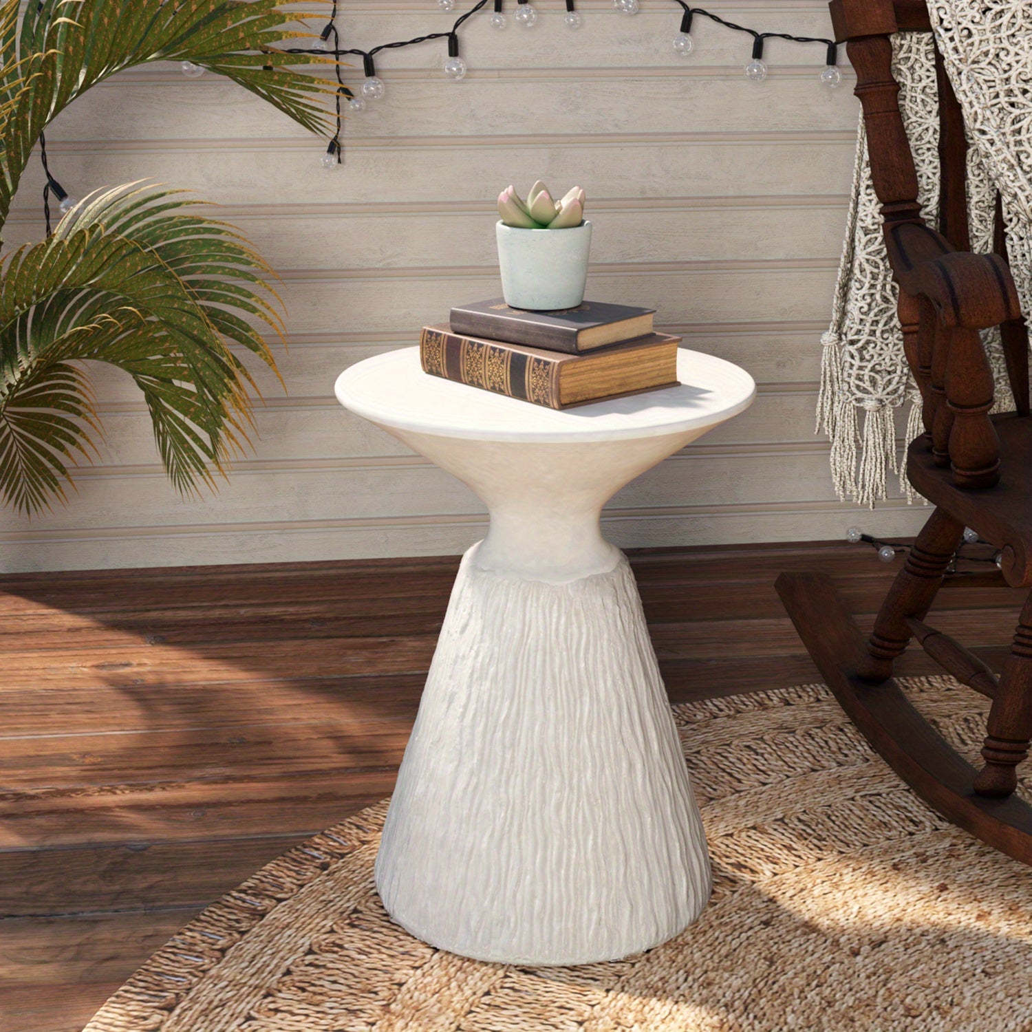 Outdoor Side Table for Patio, 15" Concret Side Table, White Small Side Table Plant Stand, Outdoor End Table Accent Table, Outdoor Console Table Ceramic Side Table