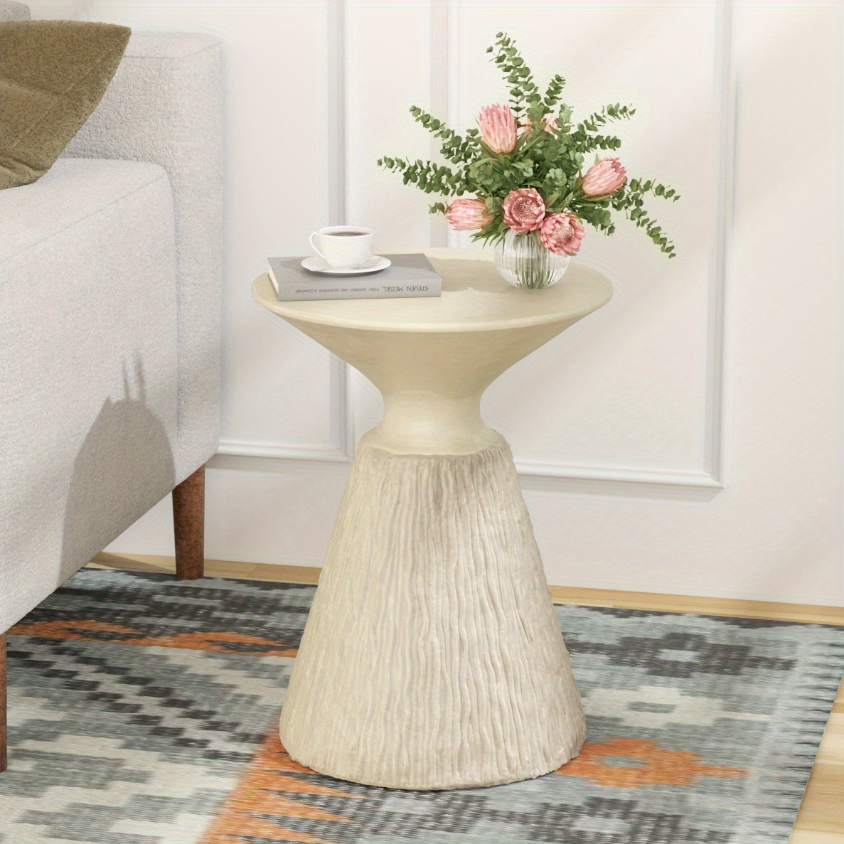 Outdoor Side Table for Patio, 15" Concret Side Table, White Small Side Table Plant Stand, Outdoor End Table Accent Table, Outdoor Console Table Ceramic Side Table