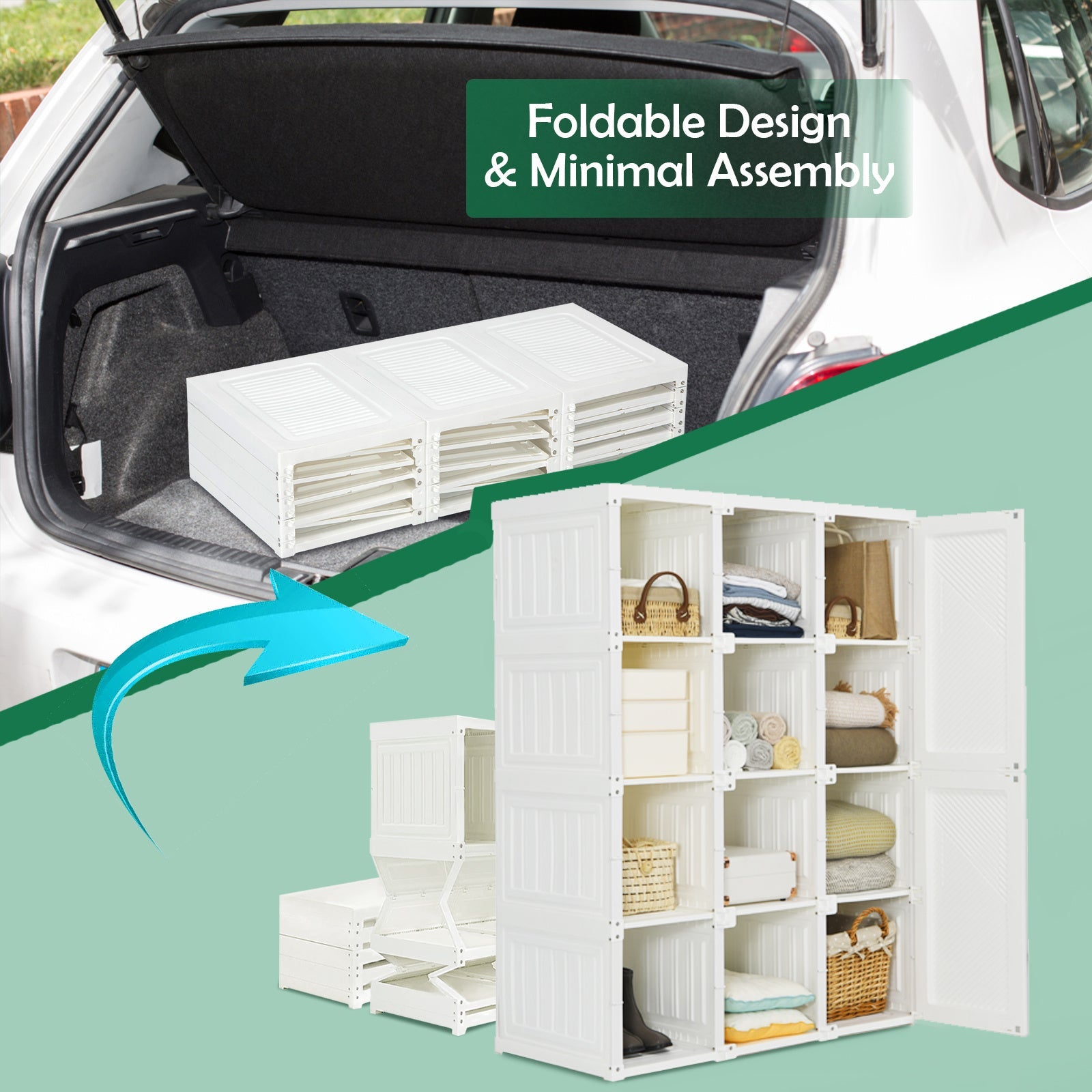 Portable Closet Clothes Foldable Armoire Wardrobe Closet w/ 12 Cubby Storage - White - Wardrobe & Armoire’s Westberry