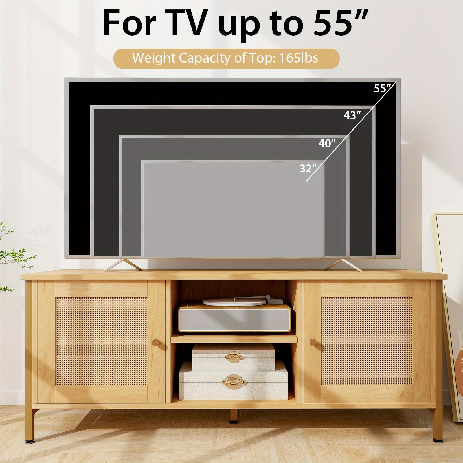 Boho TV Stand for TV up to 55'' w/ Faux Rattan Door, Open Shelf & Side Cabinet