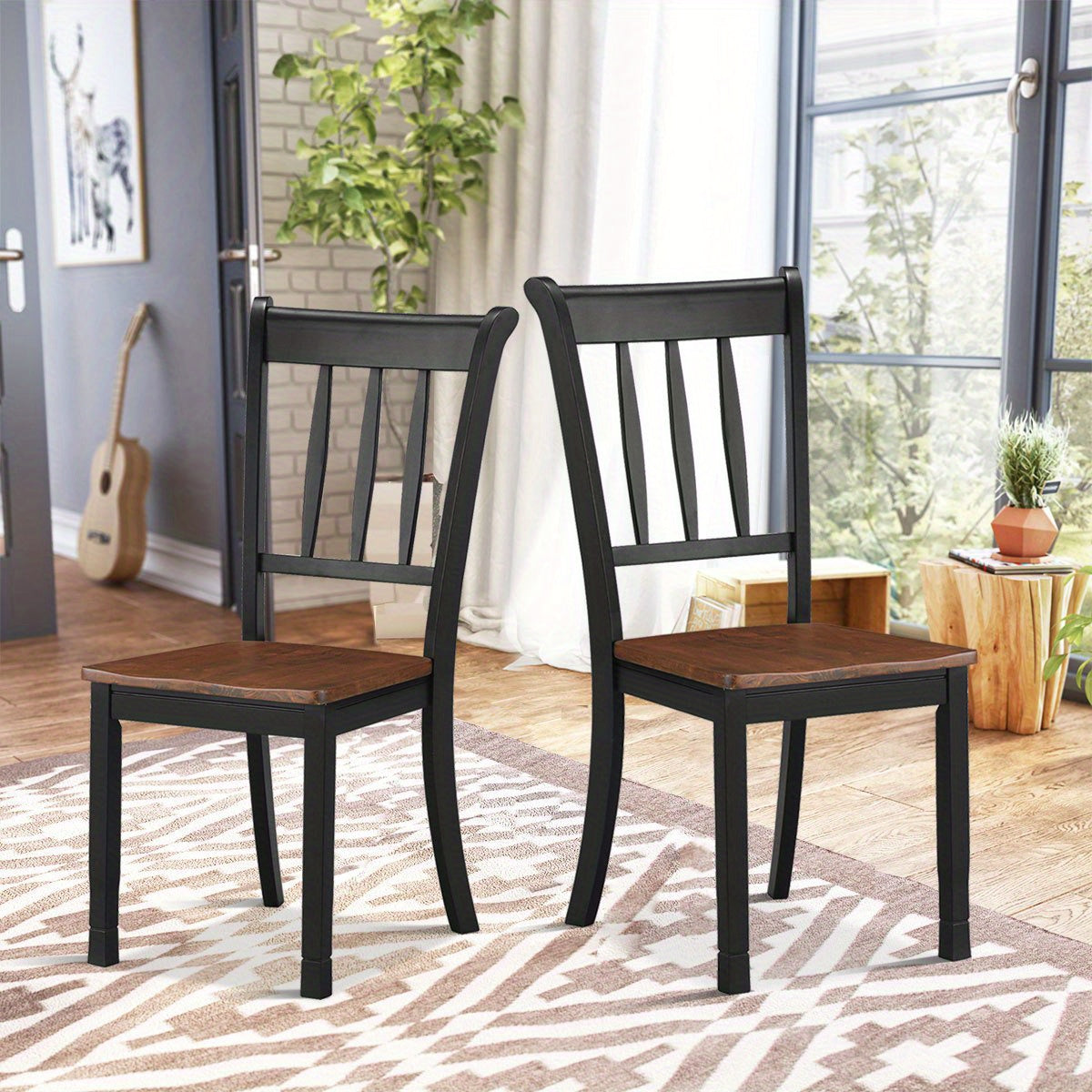 Set of 2 Wood Dining Chair High Back Dining Room Side Chair Home Kitchen Black