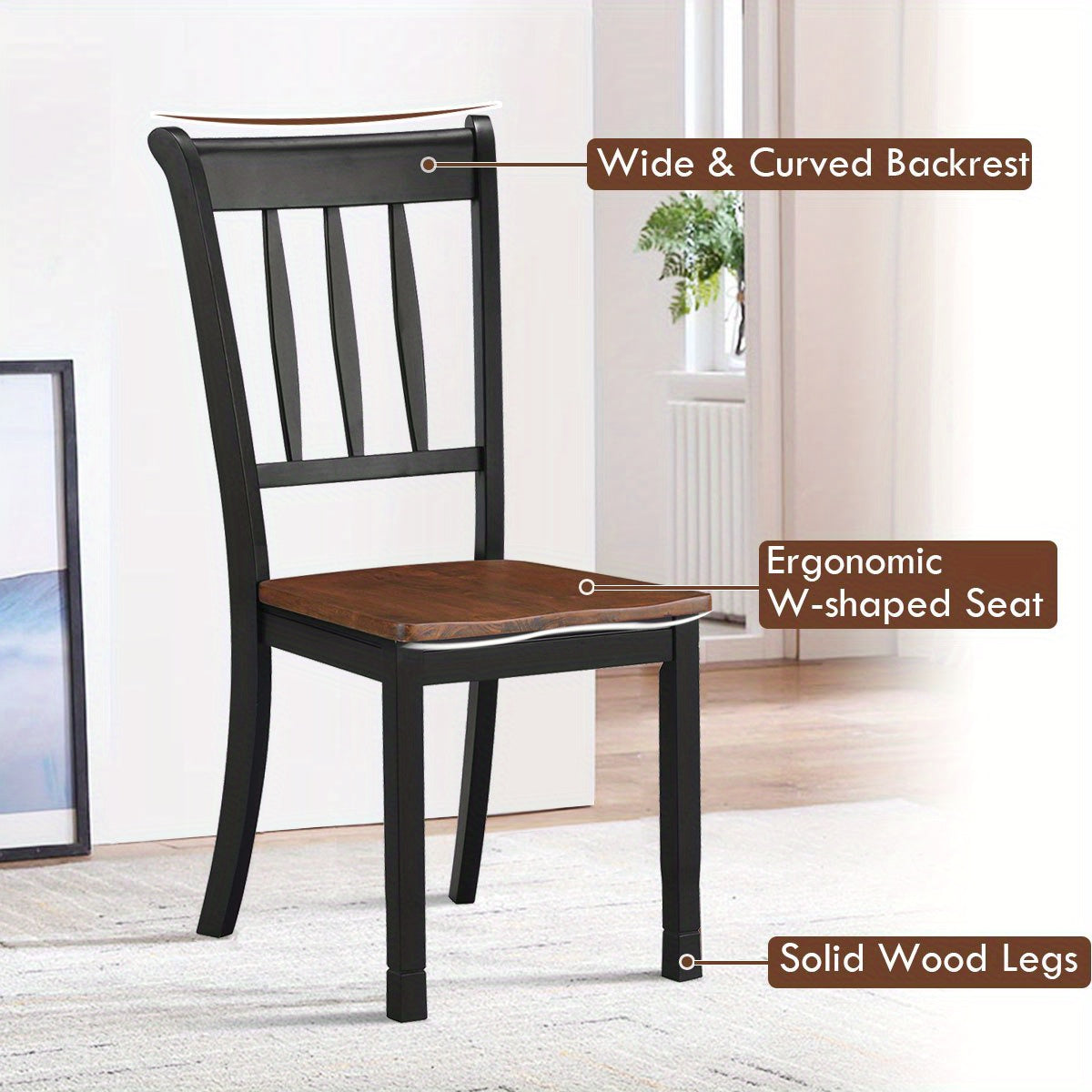 Set of 2 Wood Dining Chair High Back Dining Room Side Chair Home Kitchen Black