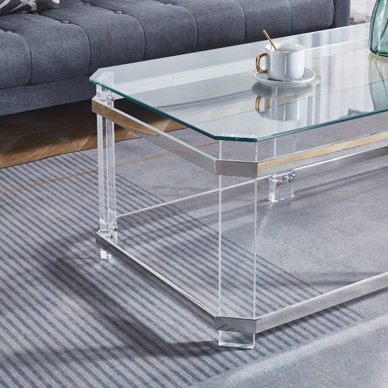 1PCS Silver Stainless Steel Coffee Table with Acrylic Frame and Transparent Glass Top Is Suitable for Living Room Lounge.