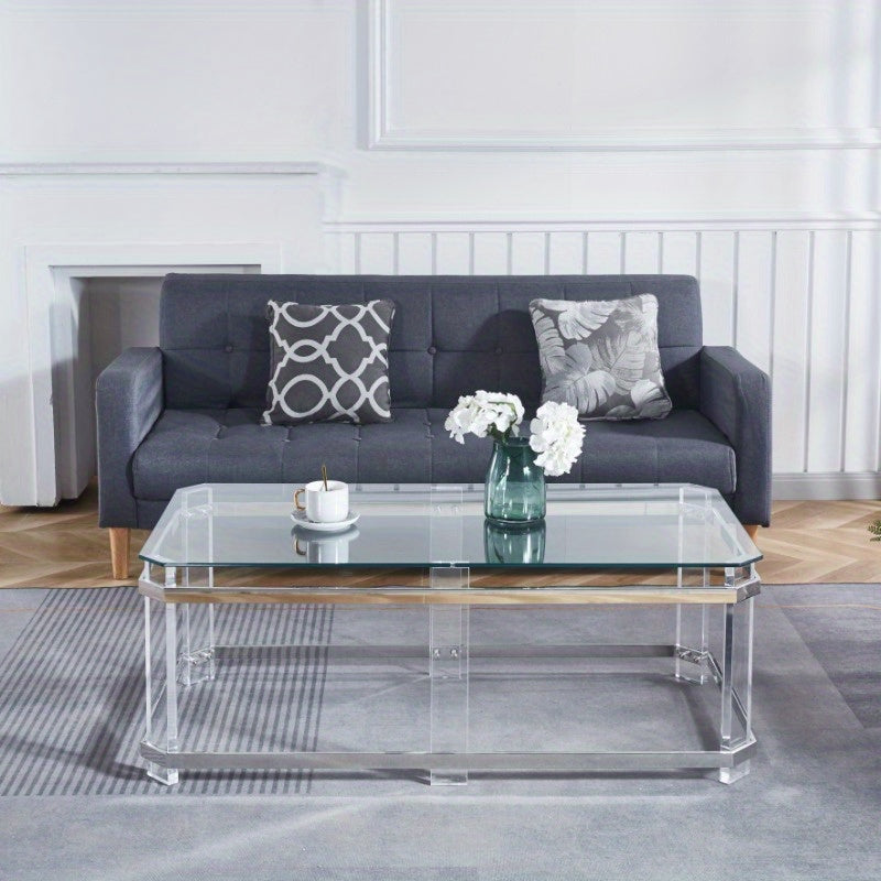 1PCS Silver Stainless Steel Coffee Table with Acrylic Frame and Transparent Glass Top Is Suitable for Living Room Lounge.