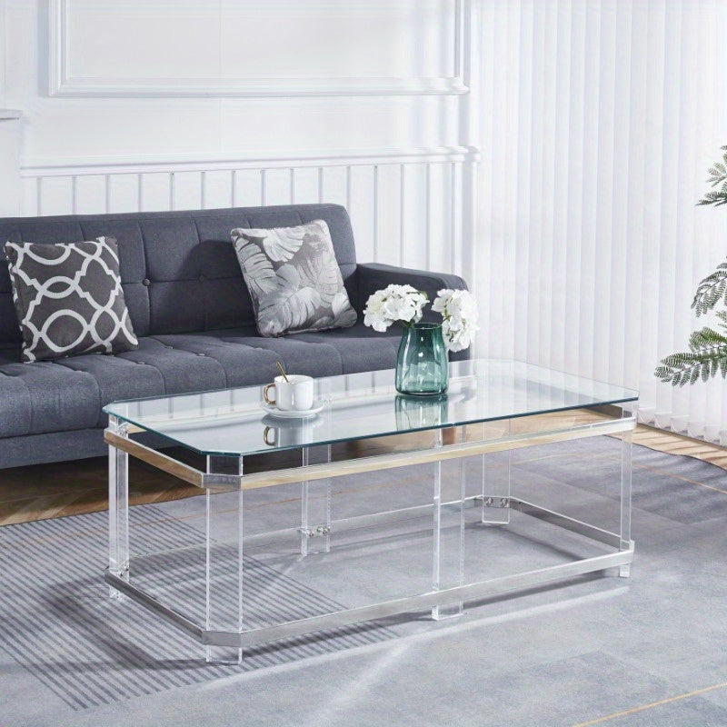 1PCS Silver Stainless Steel Coffee Table with Acrylic Frame and Transparent Glass Top Is Suitable for Living Room Lounge.