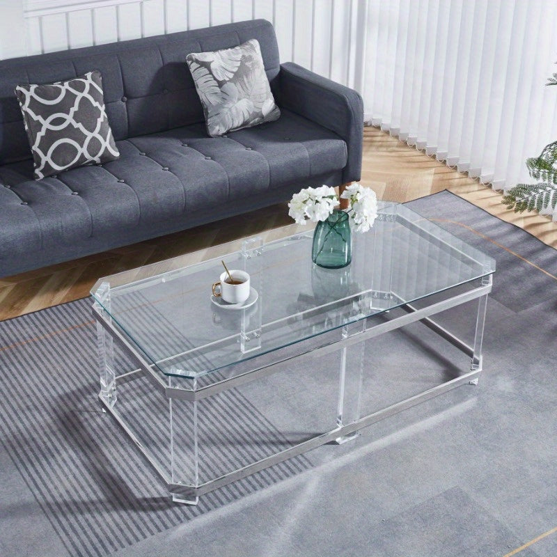 1PCS Silver Stainless Steel Coffee Table with Acrylic Frame and Transparent Glass Top Is Suitable for Living Room Lounge.