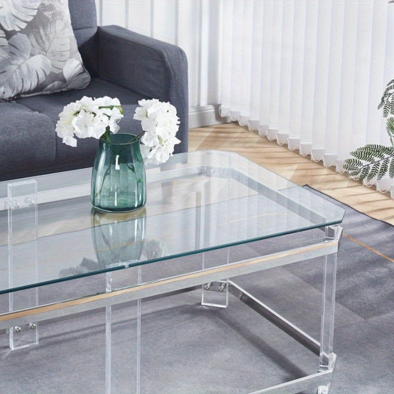 1PCS Silver Stainless Steel Coffee Table with Acrylic Frame and Transparent Glass Top Is Suitable for Living Room Lounge.