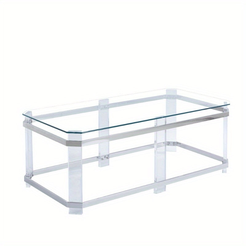 1PCS Silver Stainless Steel Coffee Table with Acrylic Frame and Transparent Glass Top Is Suitable for Living Room Lounge.