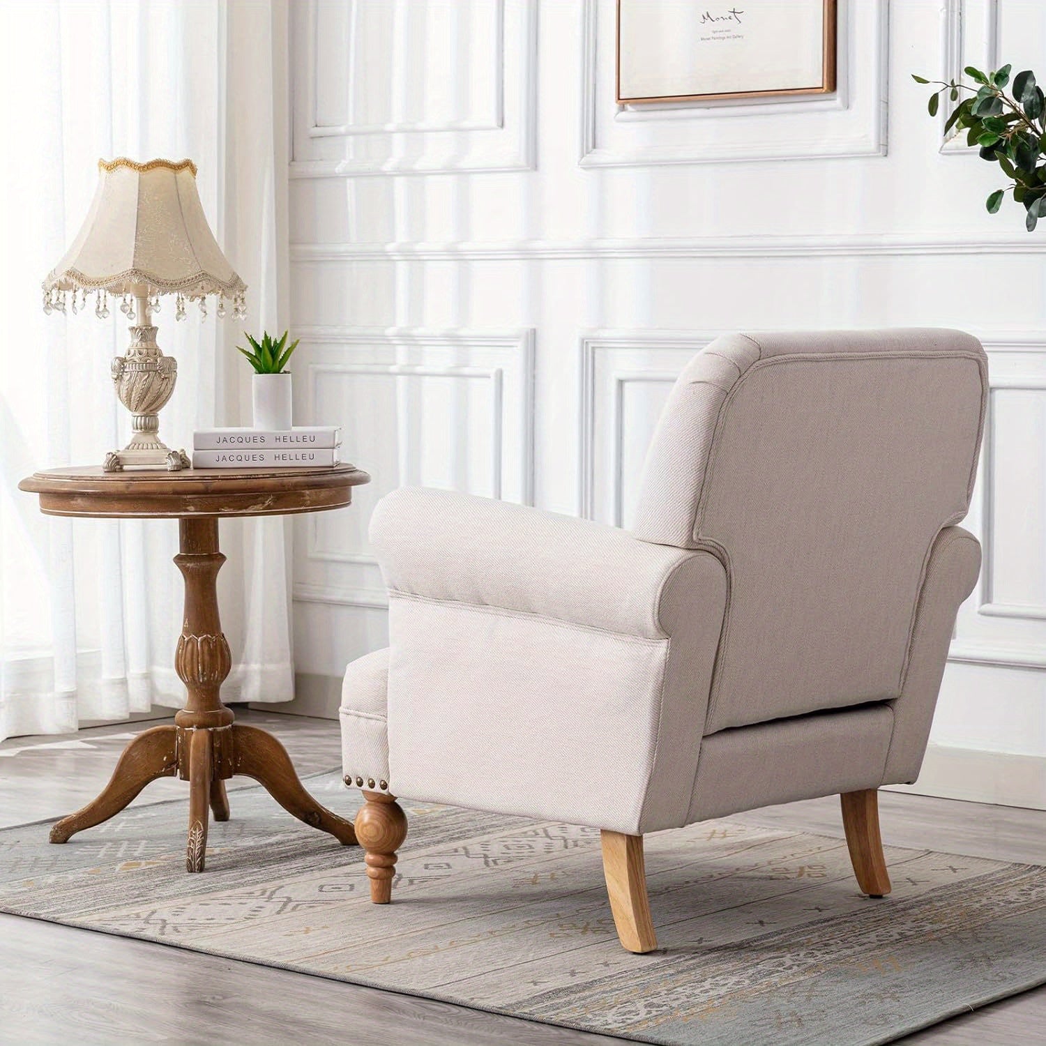 1pc Linen Accent Chair for Living Room Upholstered Mid Century Modern Single Sofa Chair with Solid Wood Legs Comfy Reading Chair Armchair for Bedroom/Office Room/Recption/Lounge