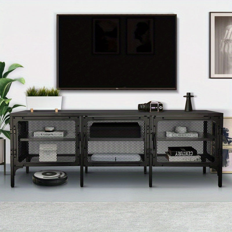 Industrial Wood and Metal TV Stand Entertainment Center Cabinet TV Console Table with 3 Metal Mesh Doors 2-Tier Storage Shelves for Living Room Frosted Black