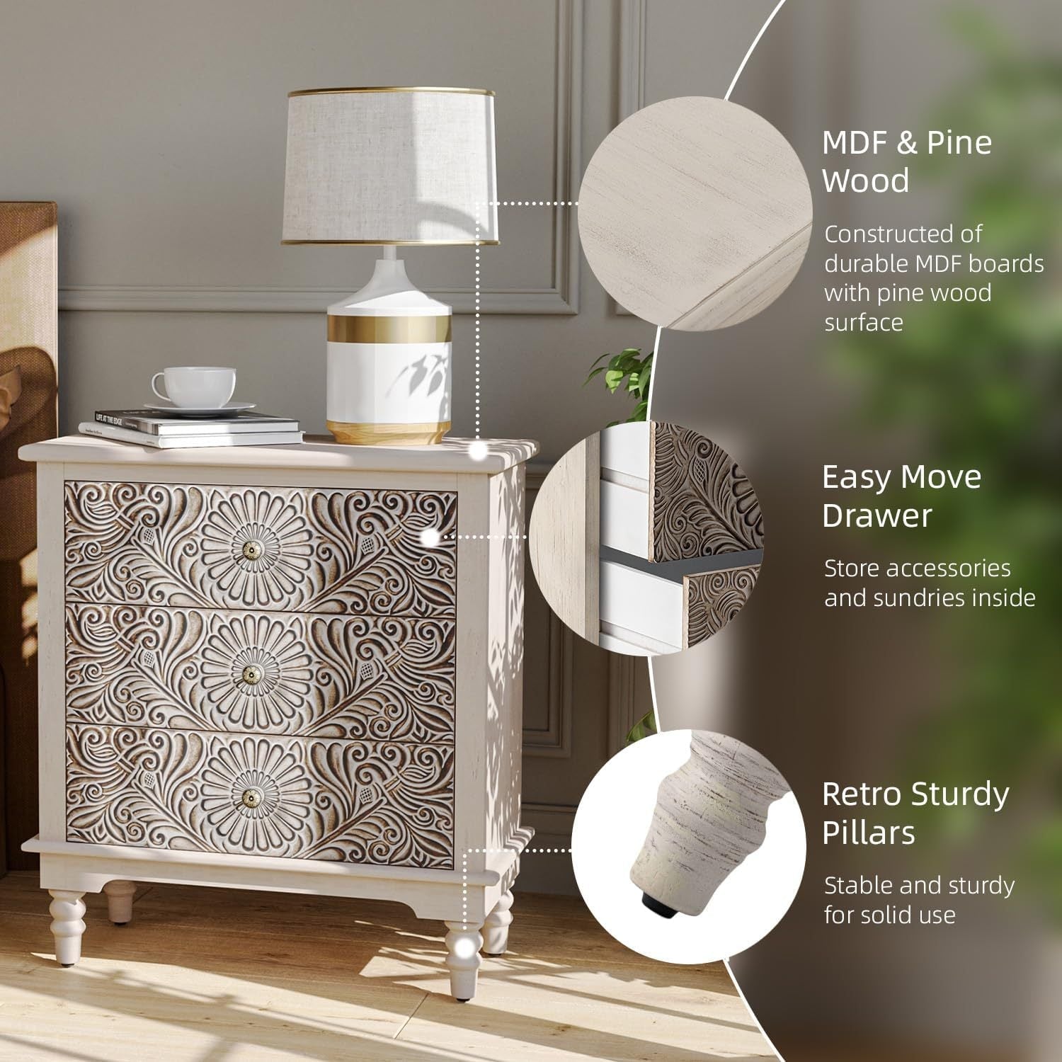 Nightstand with 3 Drawers 66cm Vintage Bedside Table End Table Living Room Small Side Table Lightweight MDF Accent