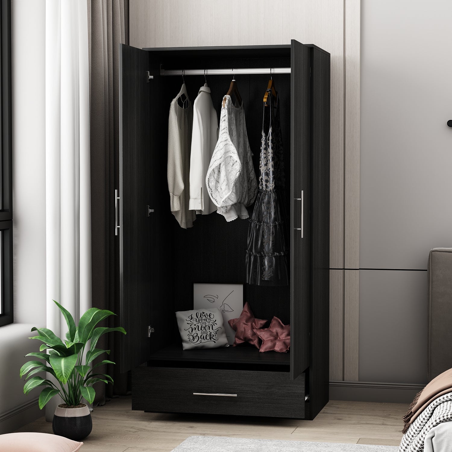 2-Door Black Wardrobe Armoire with Drawer - Modern Freestanding Closet Organizer, Engineered Wood Construction, Spacious Storage for Bedroom Essentials, Includes Hanging Rod & Detailed Assembly Guide, Portable Closet