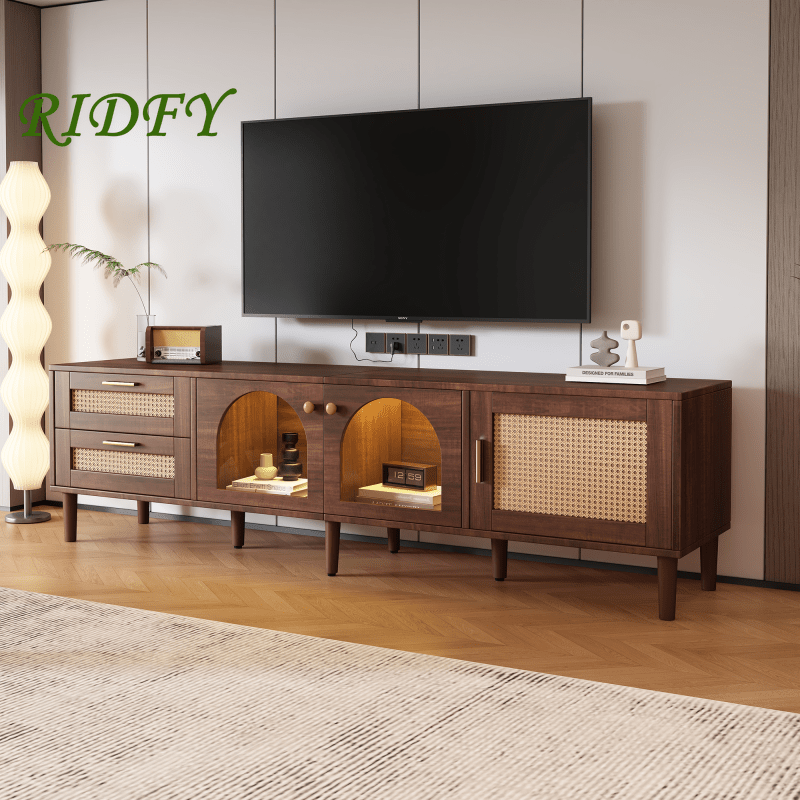 Rattan TV Stand with 3 Cabinets & 2 Drawers, Rattan-inspired Media Console Table for TVs up to 80'', LED Light Entertainment Center, TV cabinet for Living room, Bedroom, Home Theatre