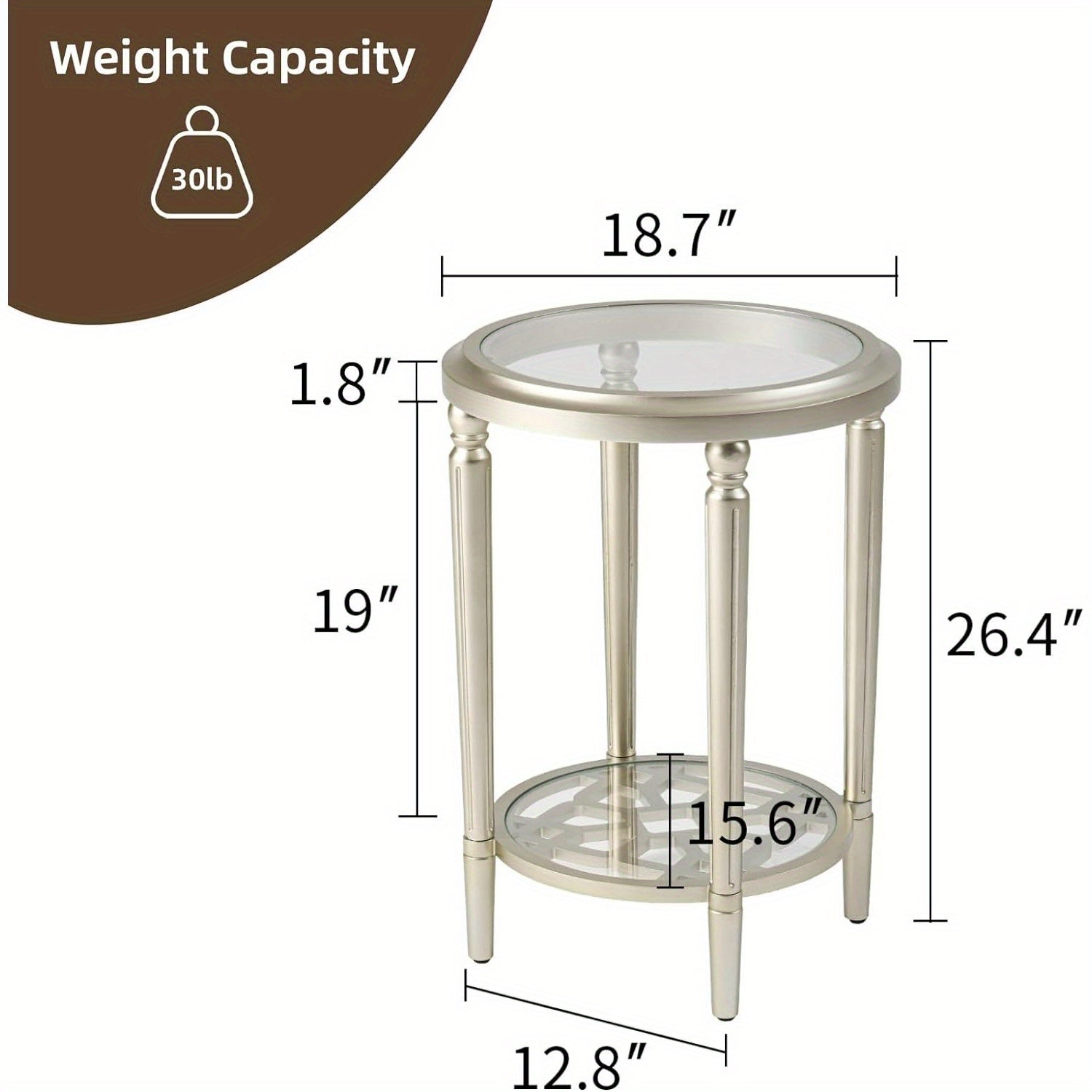 Modern End Table Side Table with Tempered Glass Top, 18" Round Wood Side Table, Lightweight MDF Accent End Table, Champagne Bed Side Table Nightstand for Living Room, Bedroom, Dinning