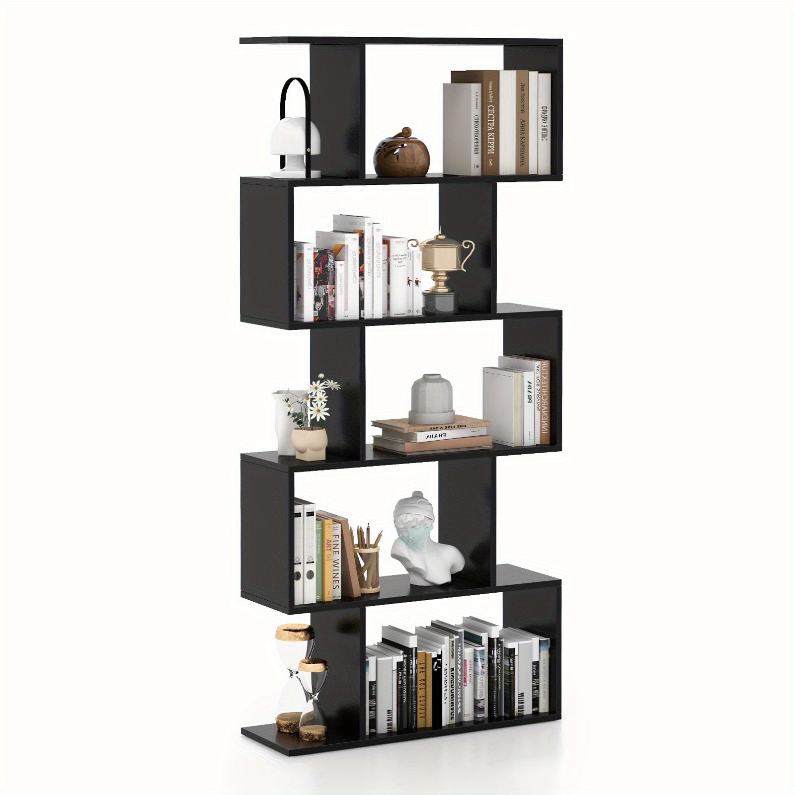 5-Tier Bookshelf Geometric S-Shaped Bookcase Room Divider Storage Display Shelf - Black - Bookshelf Westberry Furniture