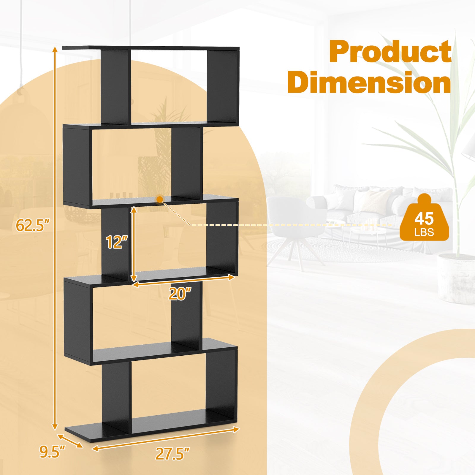 5-Tier Bookshelf Geometric S-Shaped Bookcase Room Divider Storage Display Shelf - Black - Bookshelf Westberry Furniture