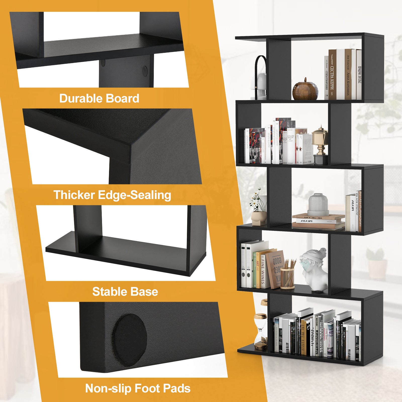 5-Tier Bookshelf Geometric S-Shaped Bookcase Room Divider Storage Display Shelf - Black - Bookshelf Westberry Furniture