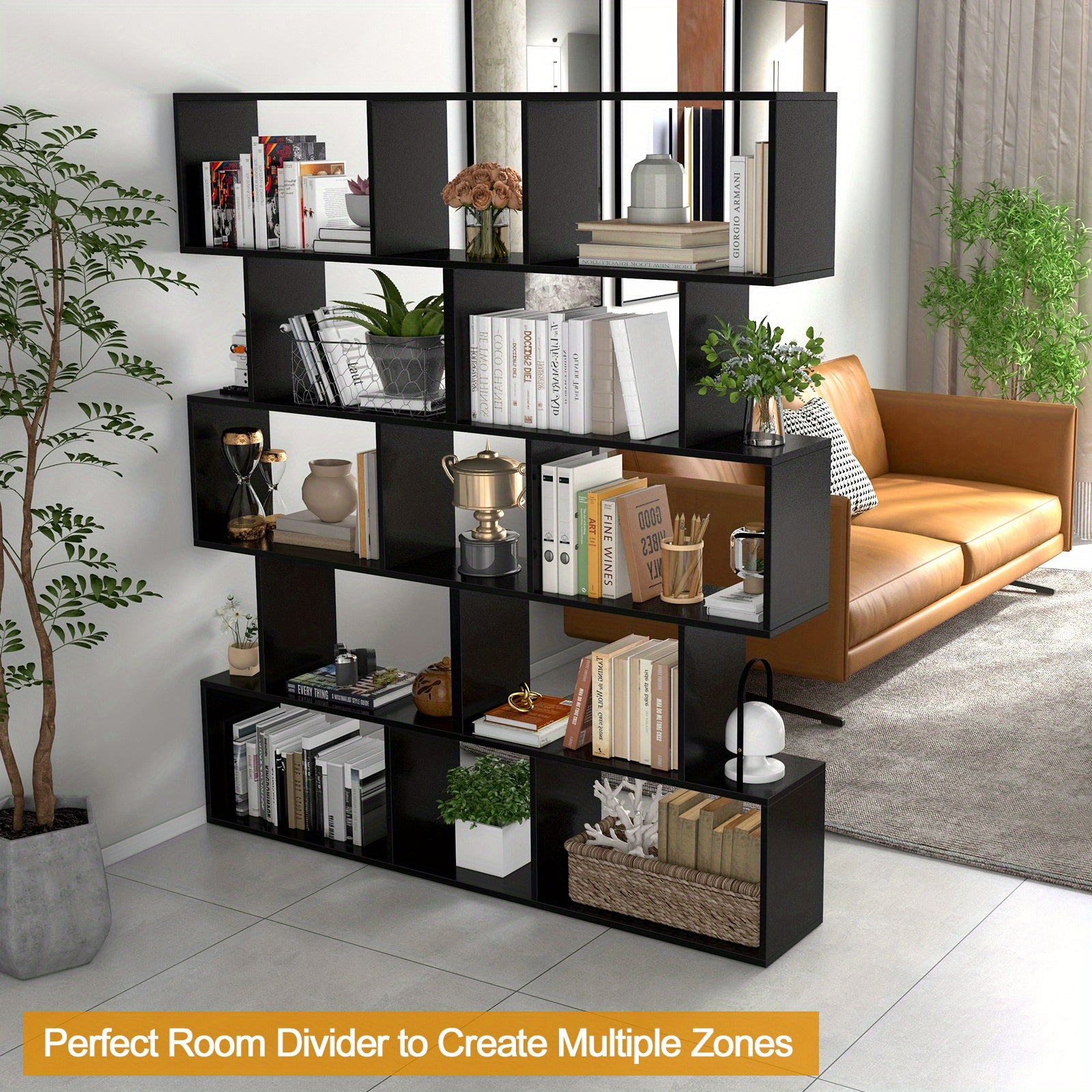 5-Tier Bookshelf Geometric S-Shaped Bookcase Room Divider Storage Display Shelf - Black - Bookshelf Westberry Furniture