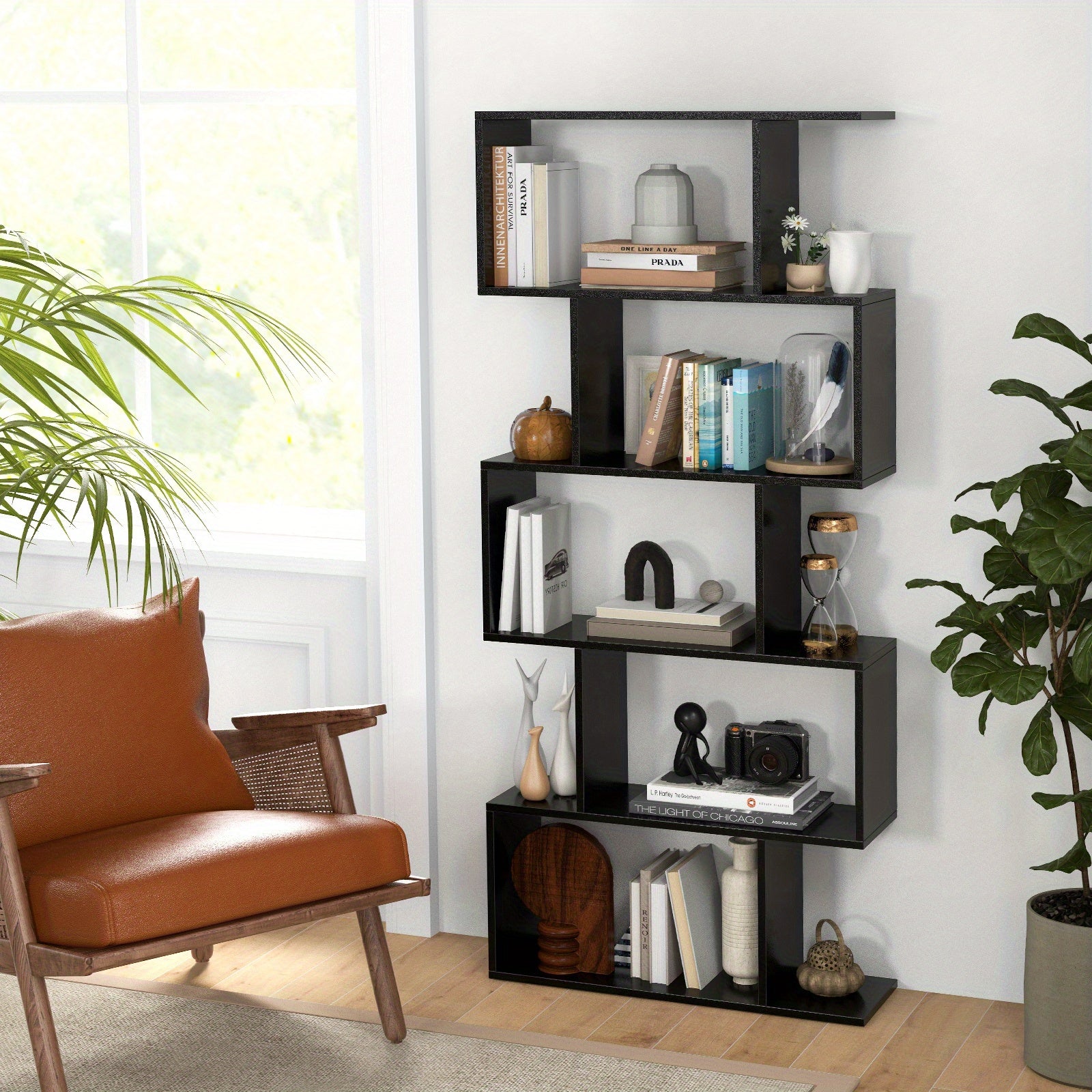 5-Tier Bookshelf Geometric S-Shaped Bookcase Room Divider Storage Display Shelf - Black - Bookshelf Westberry Furniture