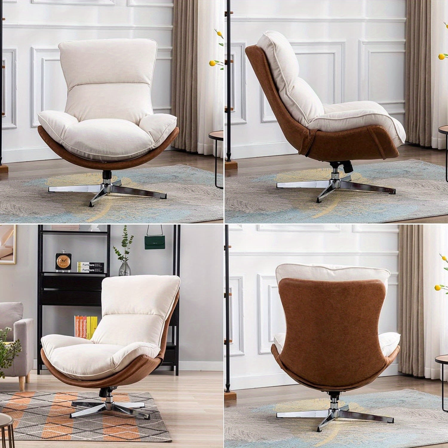 1 Pc 34 Inches Wide Swivel Lounge Chair Modern Linen Soft Accent Chair with Chrome Base, Relax Glider Rocker Chair for Living Room Bedroom Reading Room Office