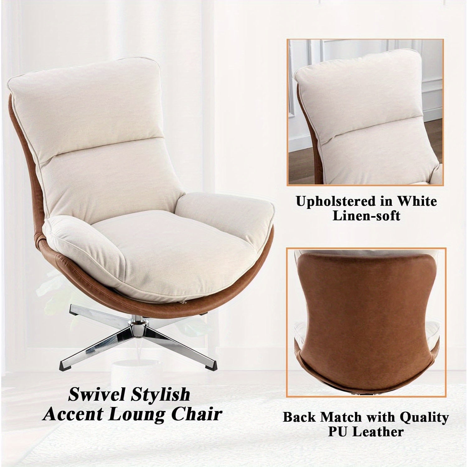 1 Pc 34 Inches Wide Swivel Lounge Chair Modern Linen Soft Accent Chair with Chrome Base, Relax Glider Rocker Chair for Living Room Bedroom Reading Room Office