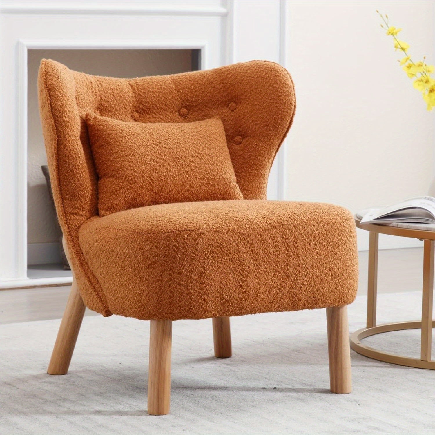 1pc Cozy Sherpa Upholstered Accent Chair with Curved Backrest - Modern Reading Chair with Lumbar Support, Wooden Legs & Armrests, Perfect for Living Room, Bedroom, or Office - Easy to Clean, Brown, Chair for Living Room