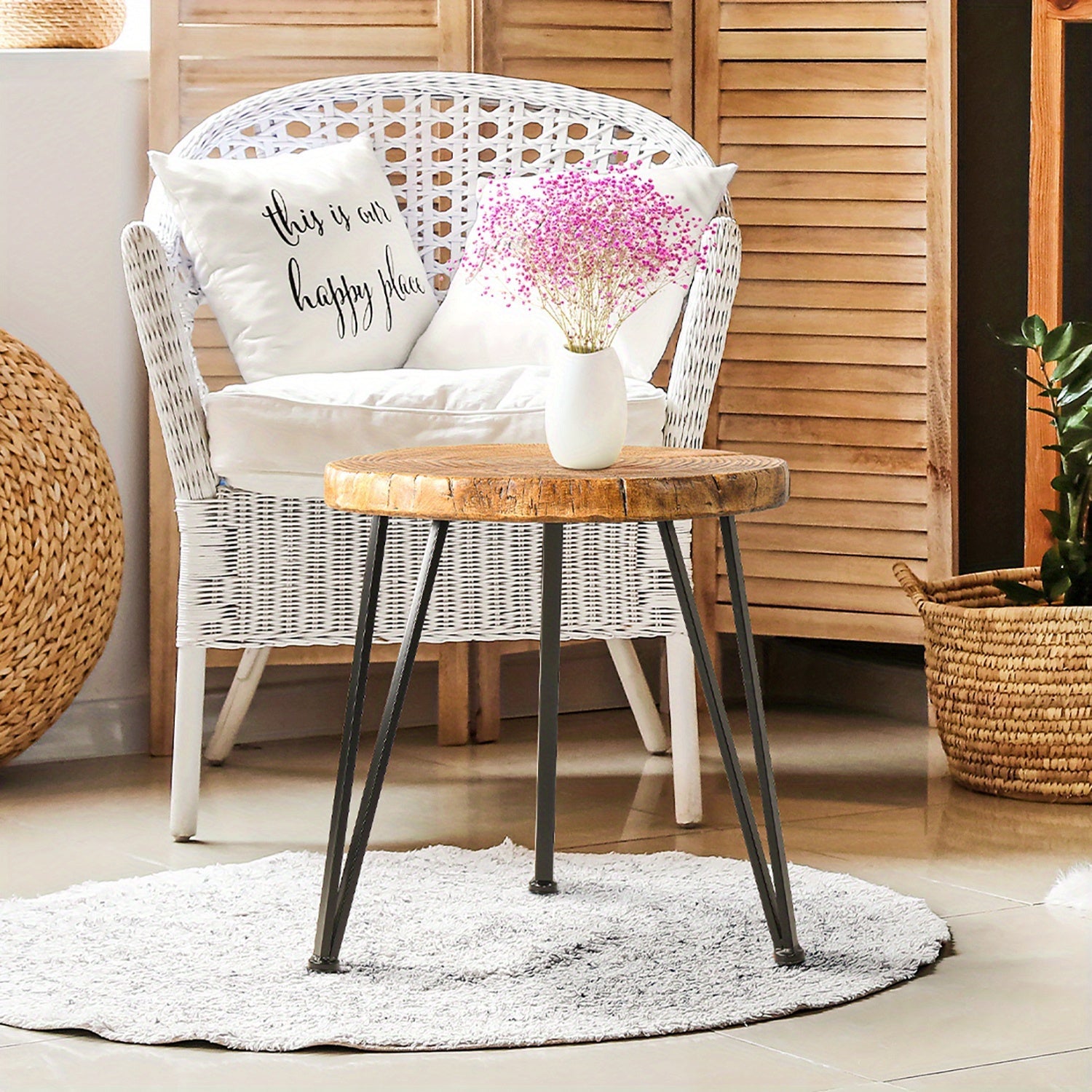 Outdoor Indoor Coffee Table, 19" Wooden Look Coffee Table, Concrete Outdoor Side Table, Modern Round Metal Coffee Table for Livingroom Bedroom, Garden, Backyard