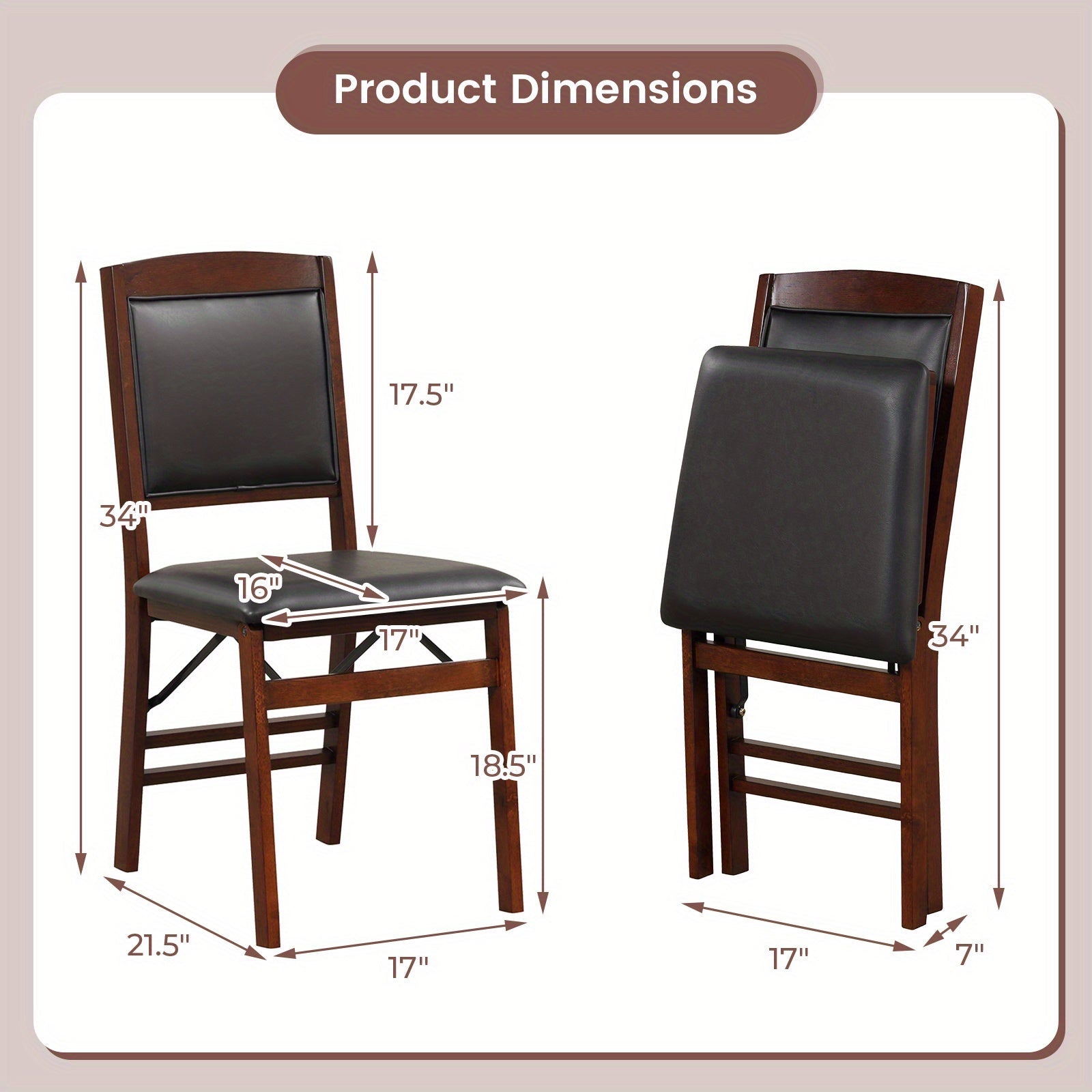 2 Pack Folding Dining Chairs Foldable Chairs w/ PVC Padded Seat & High Backrest - Black/Brown - Dining Chairs Westberry