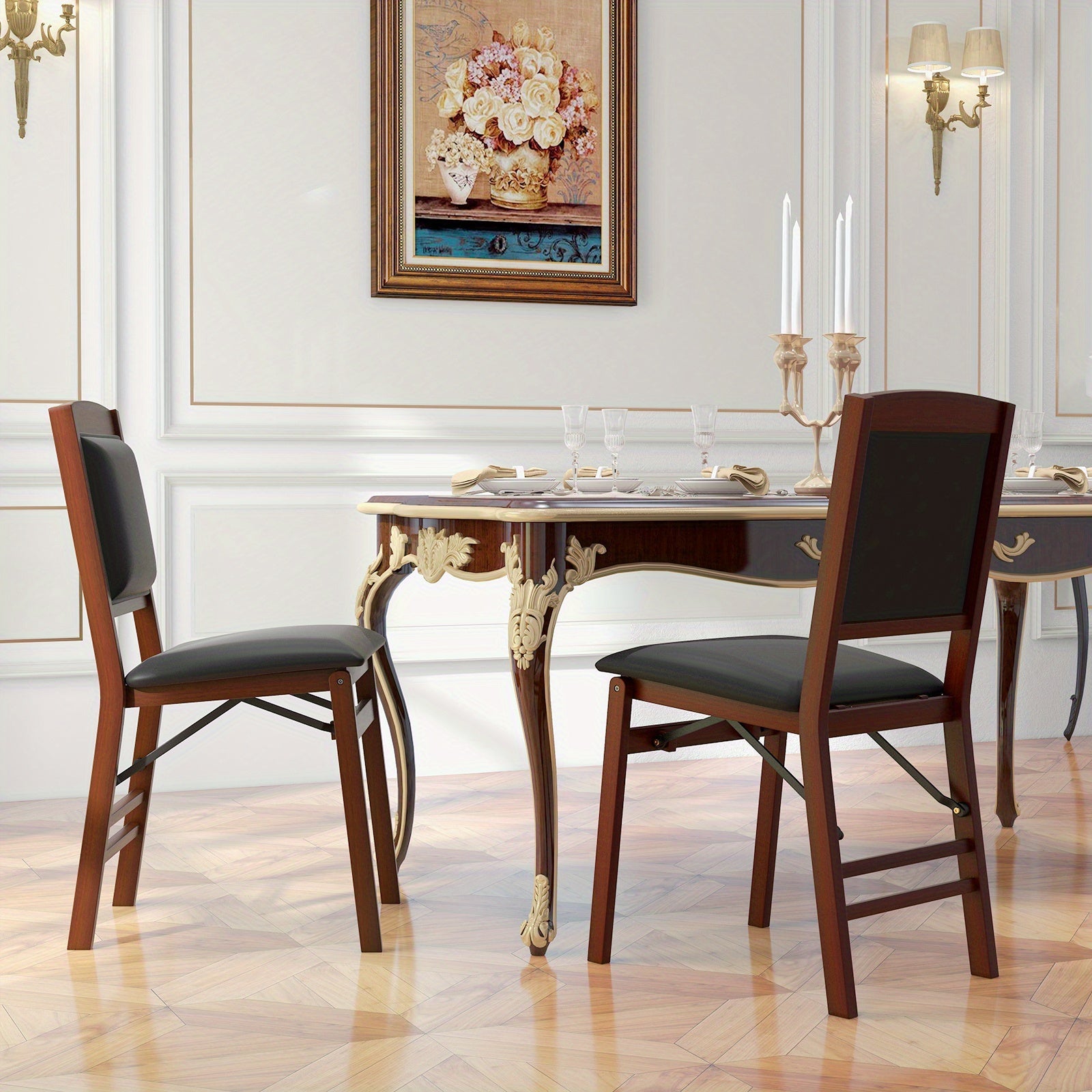 2 Pack Folding Dining Chairs Foldable Chairs w/ PVC Padded Seat & High Backrest - Black/Brown - Dining Chairs Westberry