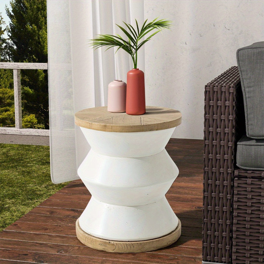 Concrete Side Table, White Outdoor Side Table for Patio, 14" Outdoor Accent Table Patio Side Table End Table, Ceramic Side Table Garden Stool Log Table