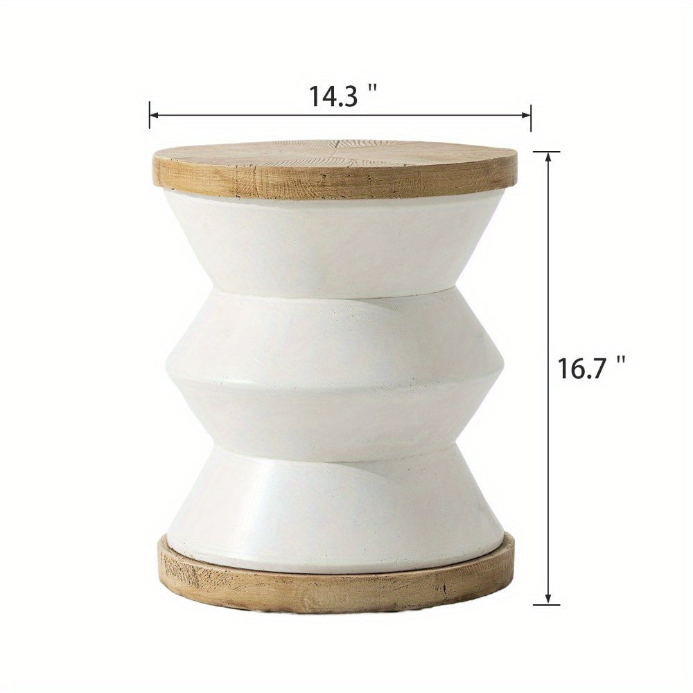 Concrete Side Table, White Outdoor Side Table for Patio, 14" Outdoor Accent Table Patio Side Table End Table, Ceramic Side Table Garden Stool Log Table