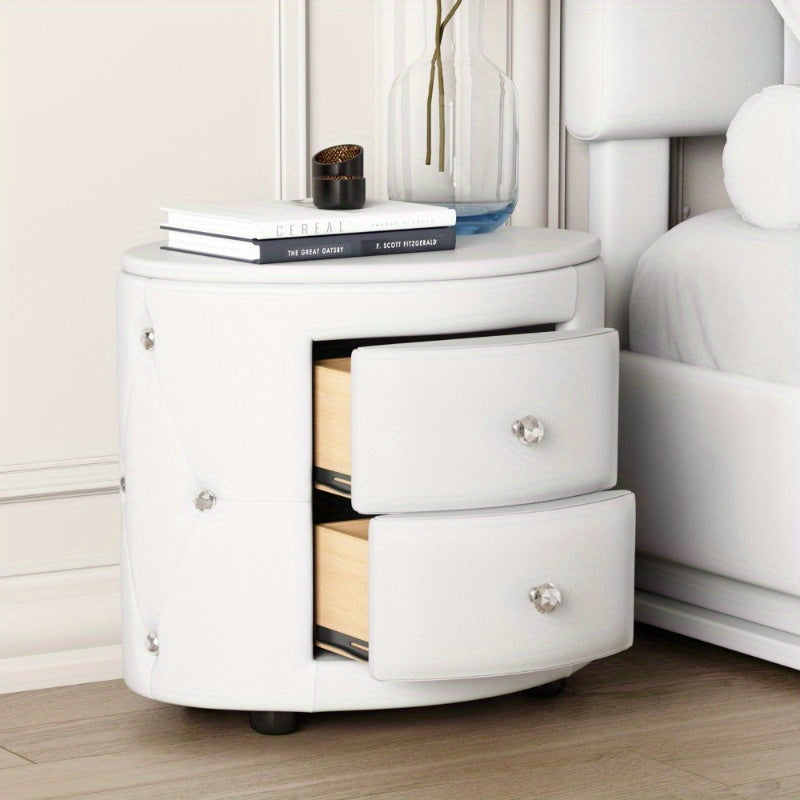 Elegant PU Nightstand with 2 Drawers and Crystal Handle, Fully Assembled Except Legs&Handles, Storage Bedside Table - White